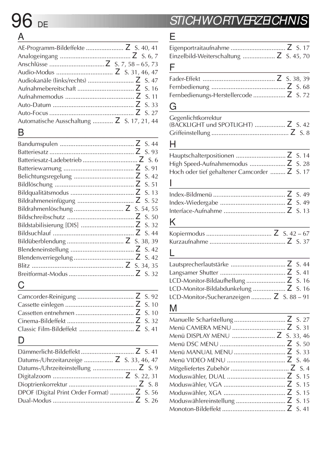 JVC GR-DVL9700 manual 31, 46, 17, 21, Blitz, Gegenlichtkorrektur Backlight und Spotlight 