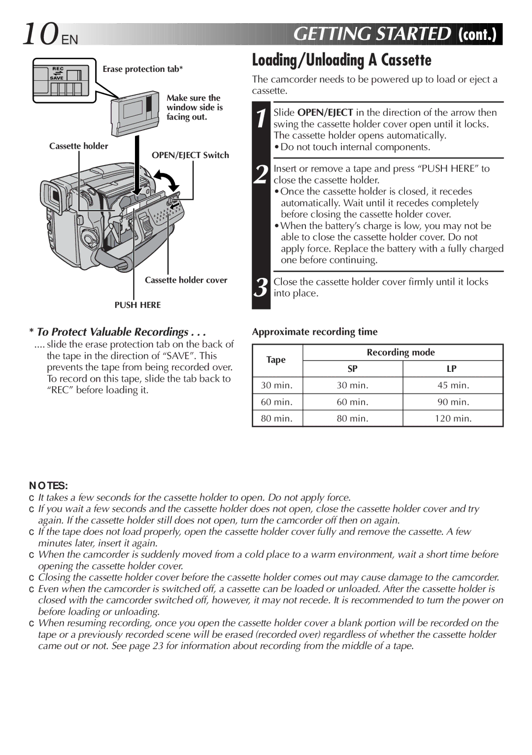 JVC GR-DVL9800 specifications 10 EN, Loading/Unloading a Cassette, Erase protection tab, Cassette holder cover, Tape 