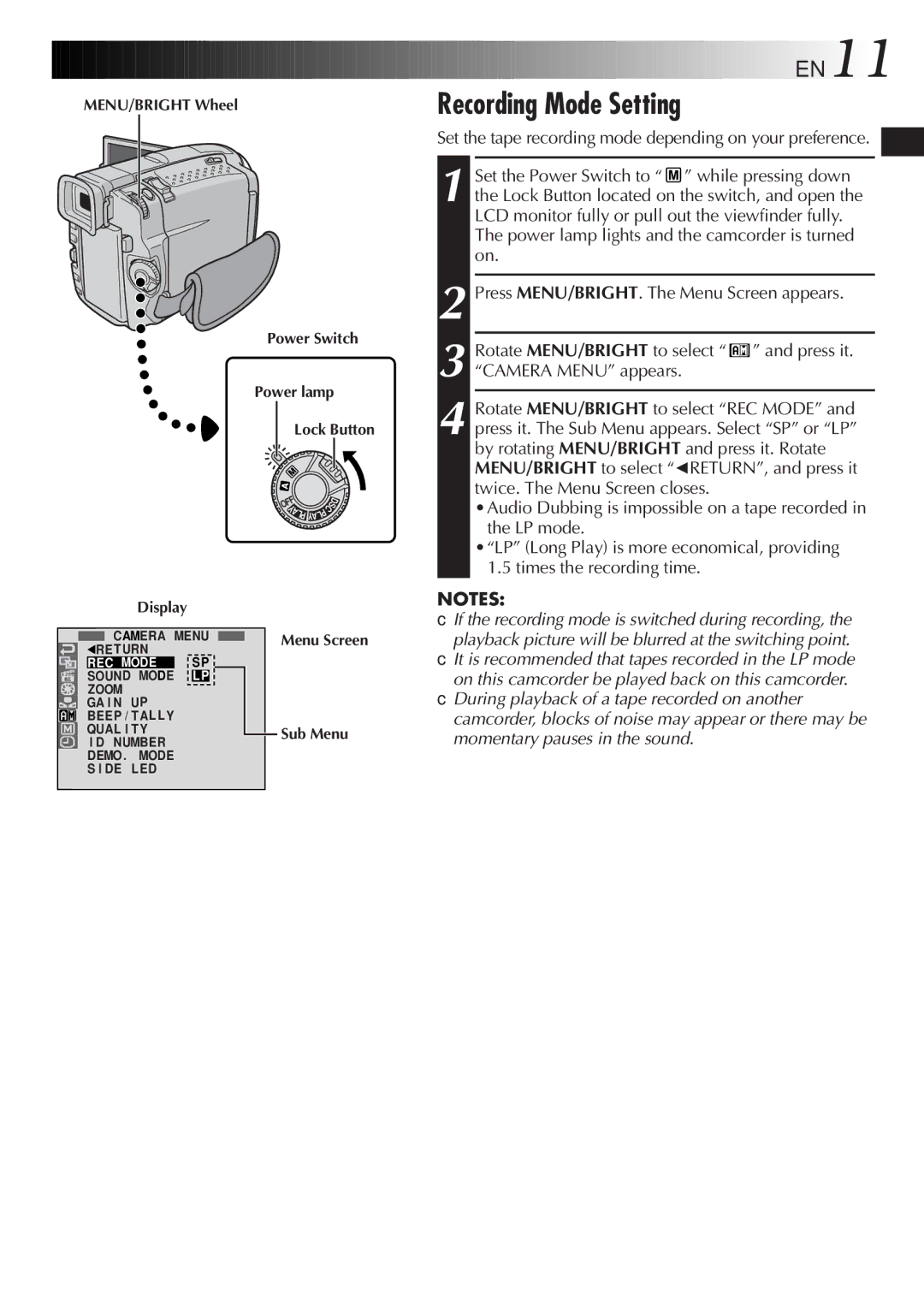 JVC GR-DVL9800 specifications Recording Mode Setting, EN11, Menu Screen Sub Menu 