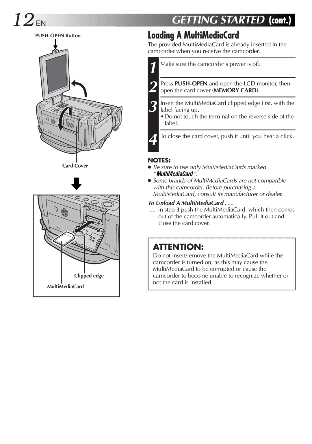 JVC GR-DVL9800 specifications Loading a MultiMediaCard, To Unload a MultiMediaCard, PUSH-OPEN Button, Card Cover 