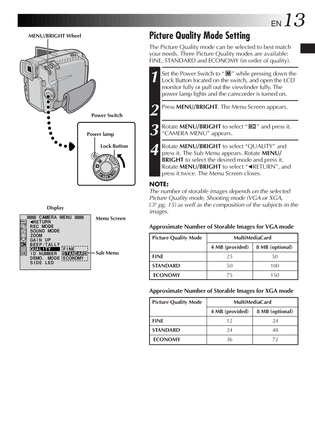 JVC GR-DVL9800 specifications Picture Quality Mode Setting, EN13 