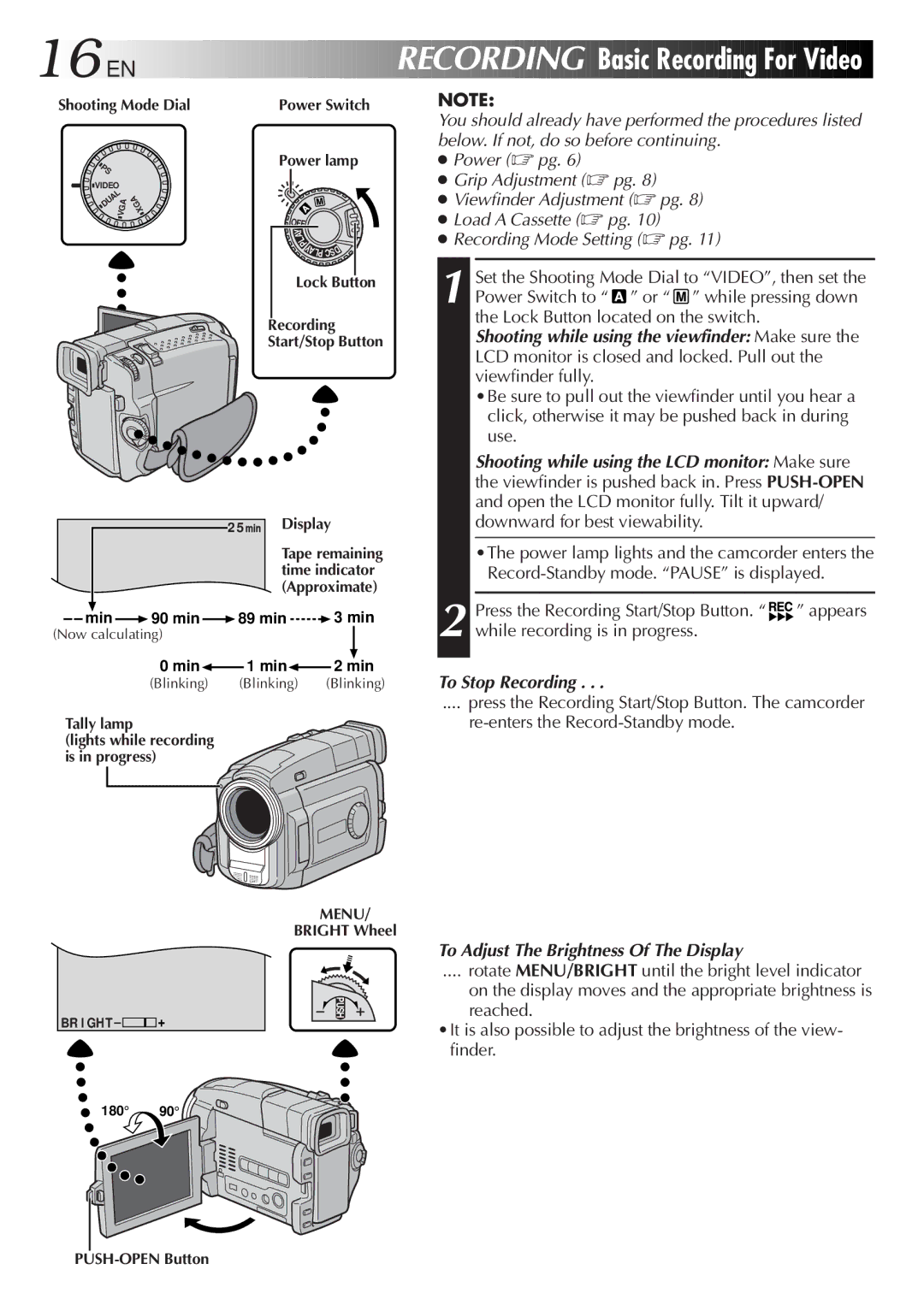 JVC GR-DVL9800 16 EN, Basic Recording For Video, To Stop Recording, To Adjust The Brightness Of The Display 