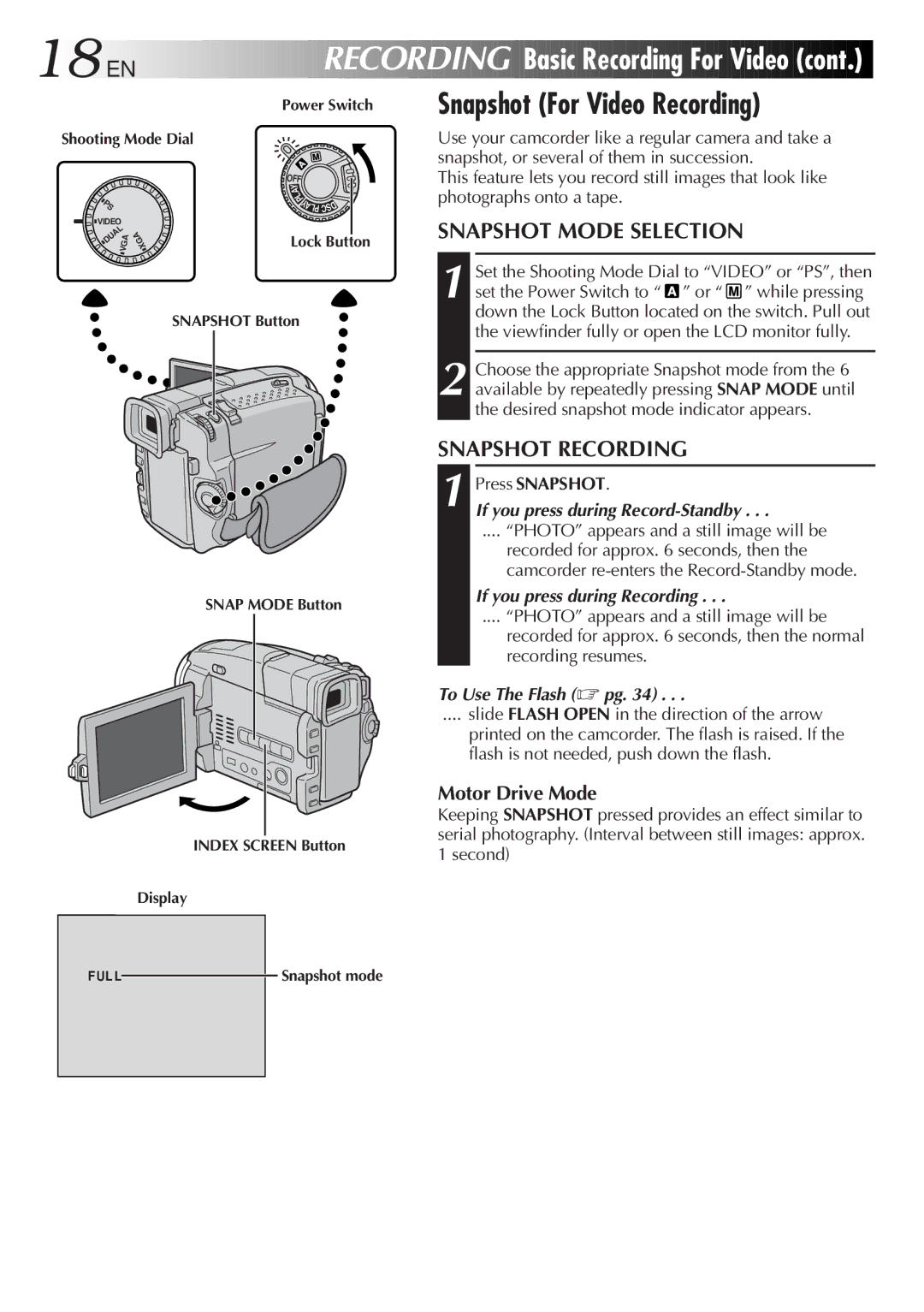 JVC GR-DVL9800 EN Recording, Snapshot Mode Selection, Snapshot Recording, Snapshot For Video Recording, Motor Drive Mode 