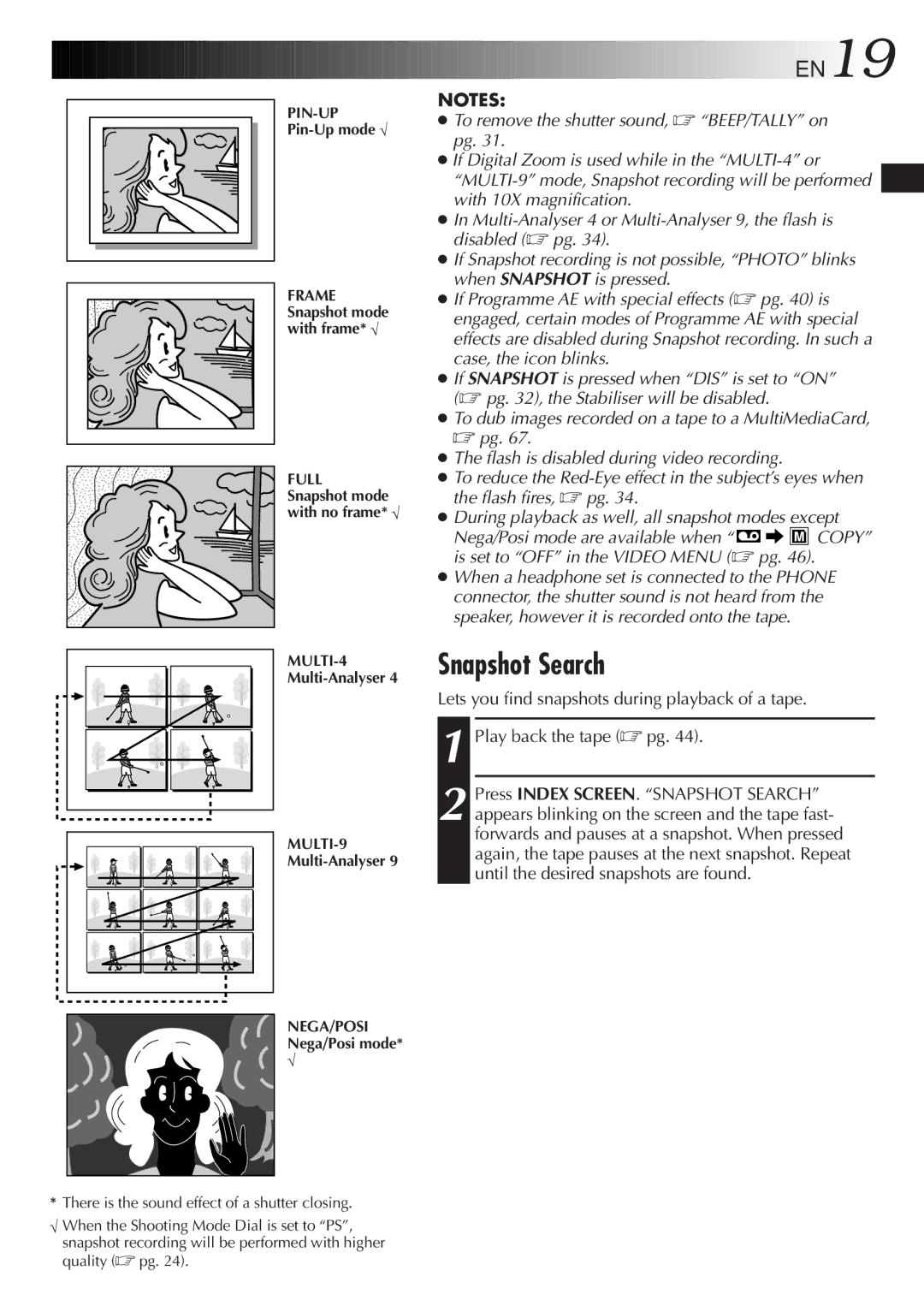 JVC GR-DVL9800 specifications Snapshot Search, EN19 