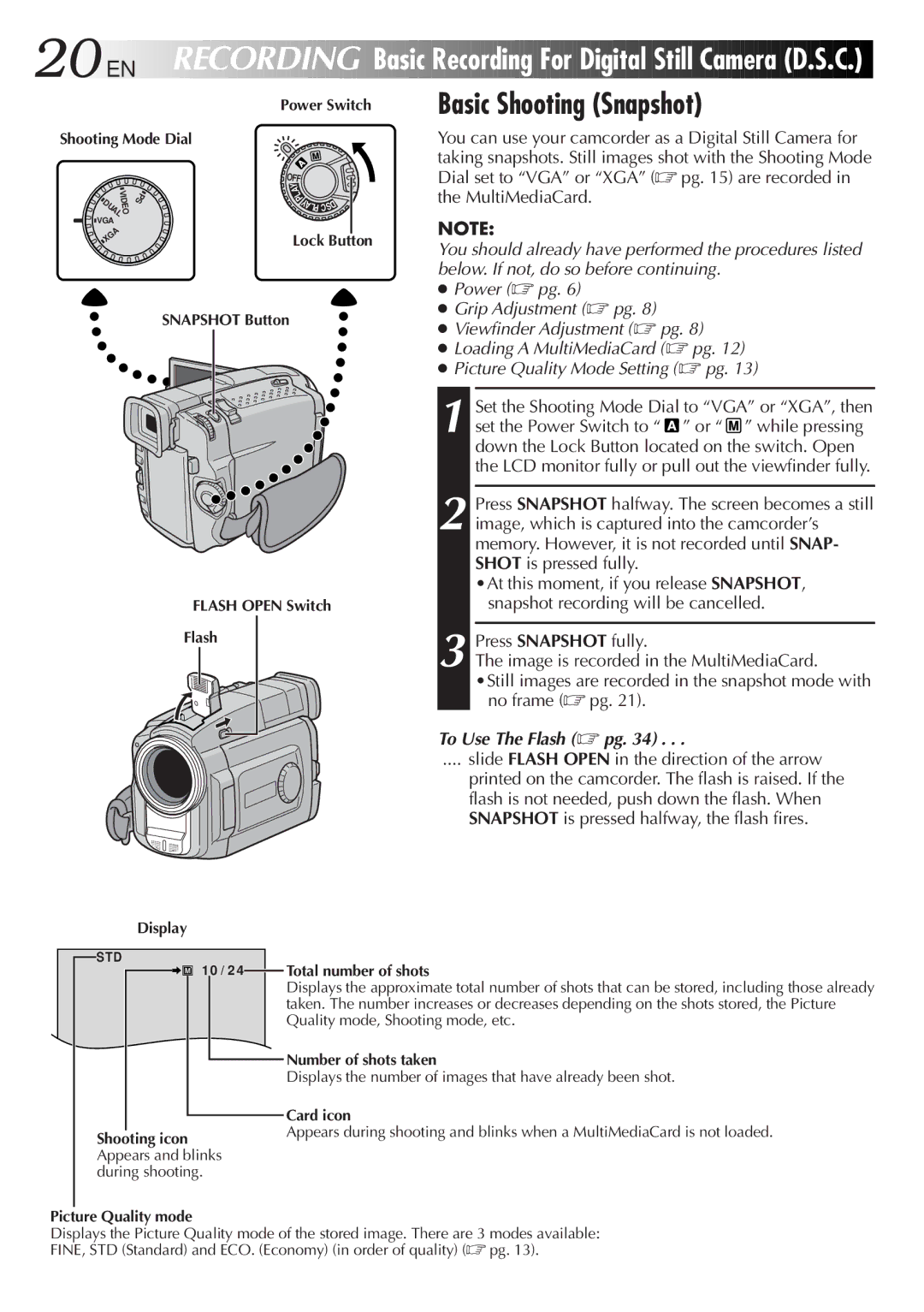 JVC GR-DVL9800 specifications Basic Recording For Digital Still Camera D.S.C, Basic Shooting Snapshot 