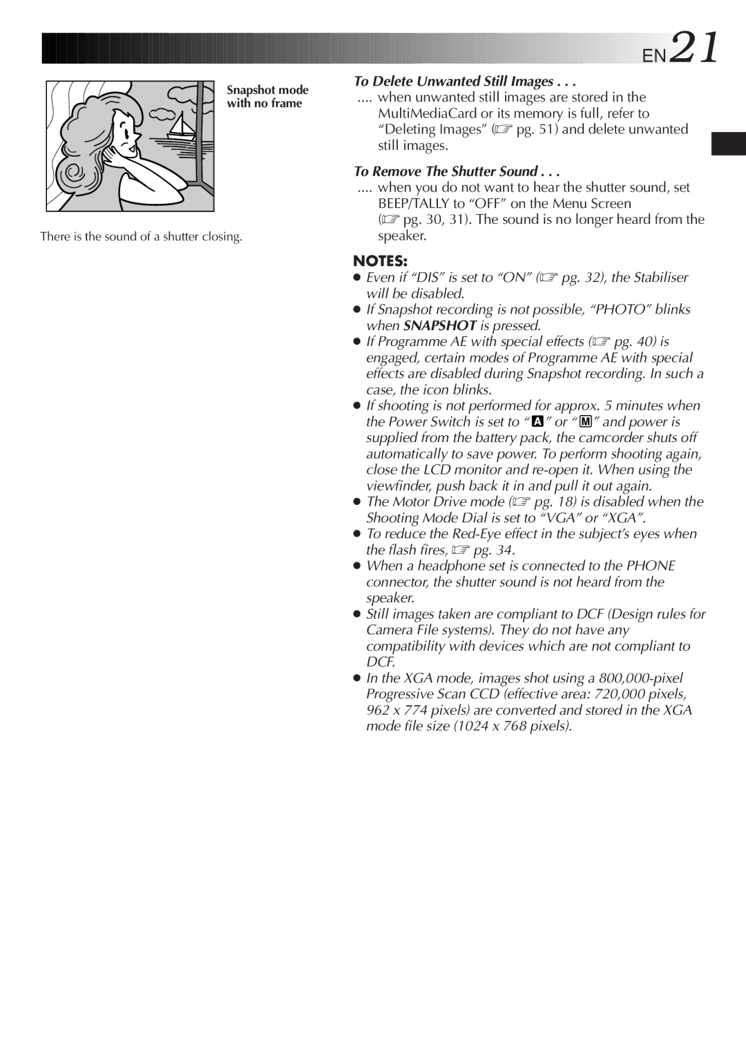 JVC GR-DVL9800 specifications EN21, To Delete Unwanted Still Images, To Remove The Shutter Sound 