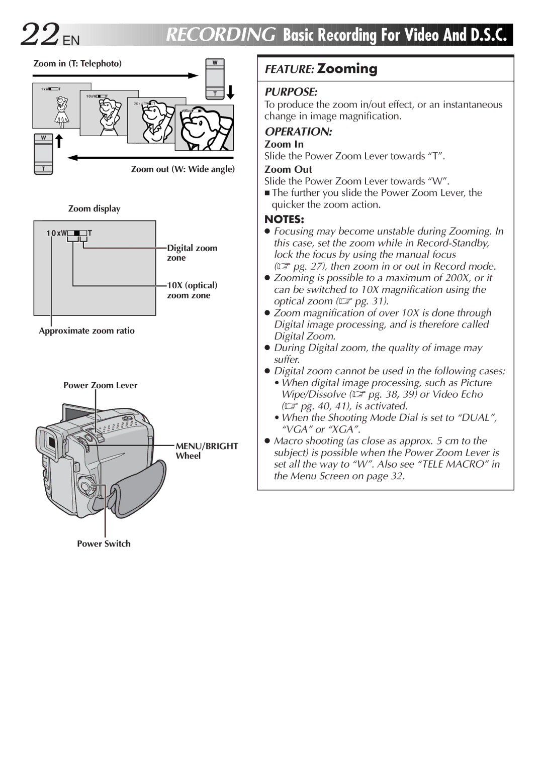 JVC GR-DVL9800 22 EN, Basic Recording For Video And D.S.C, Slide the Power Zoom Lever towards T, Zoom Out 