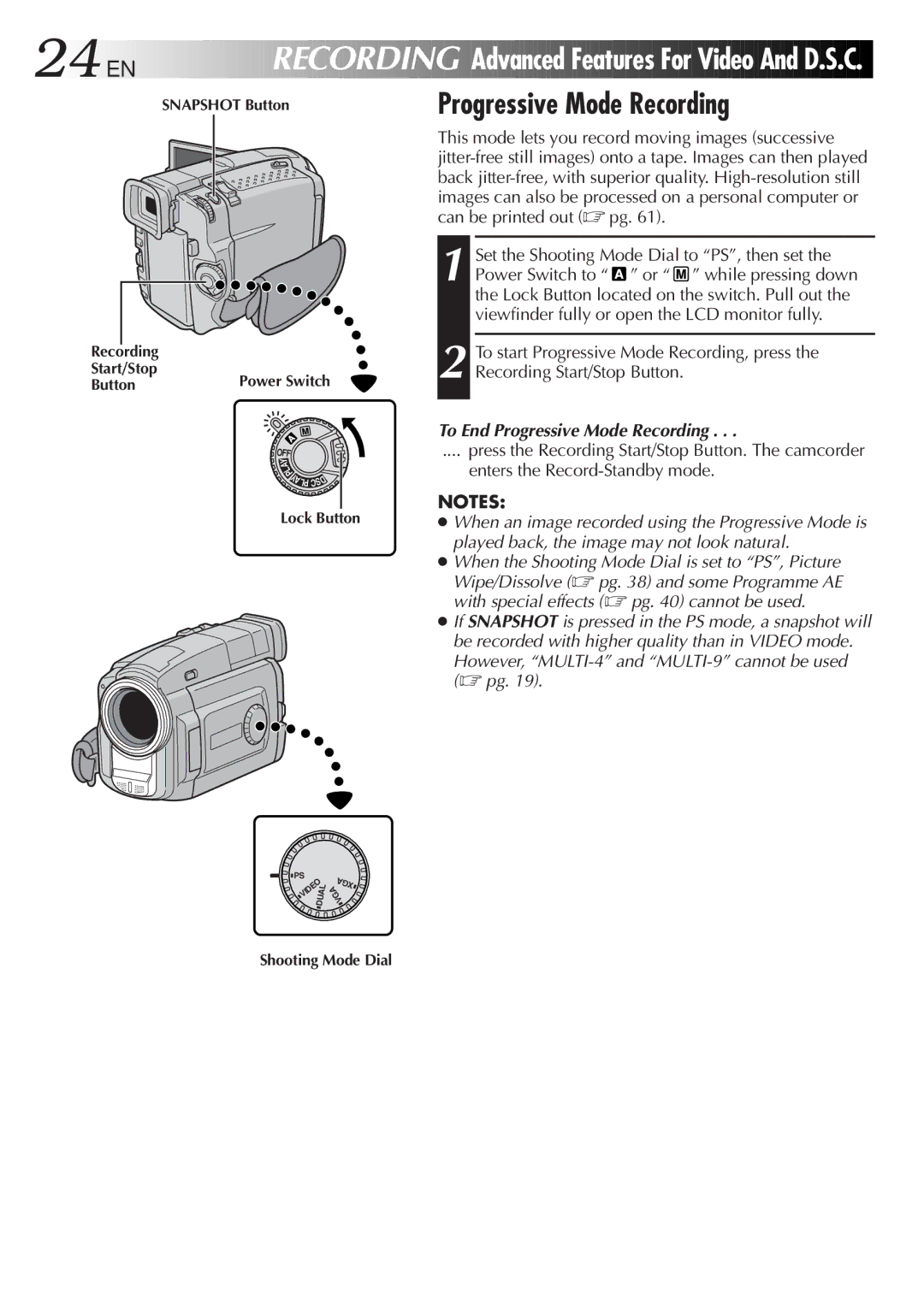 JVC GR-DVL9800 specifications Advanced Features For Video And D.S.C, To End Progressive Mode Recording 