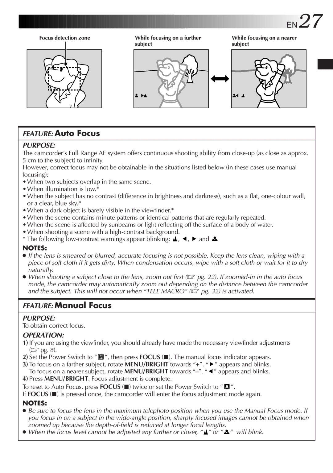 JVC GR-DVL9800 specifications EN27, Feature Auto Focus, Feature Manual Focus, To obtain correct focus 