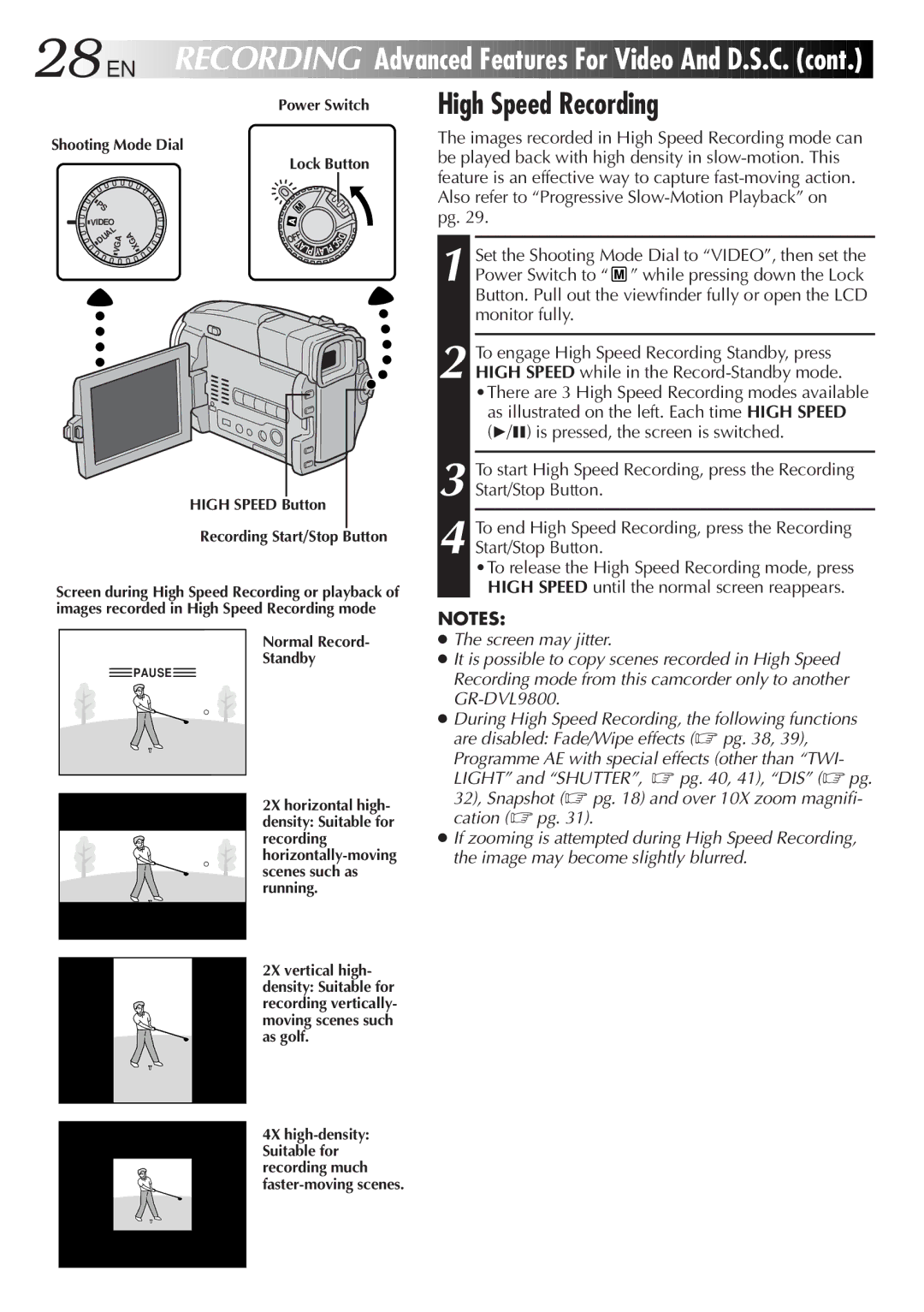 JVC GR-DVL9800 specifications High Speed Recording, High Speed Button Recording Start/Stop Button, Normal Record Standby 
