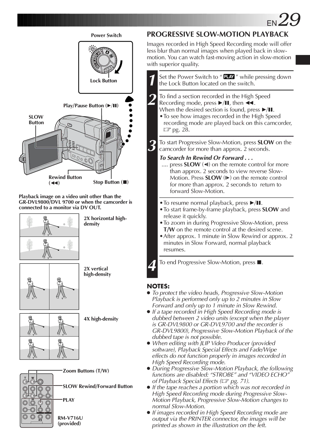 JVC GR-DVL9800 specifications EN29, Progressive SLOW-MOTION Playback, Recording mode are played back on this camcorder 