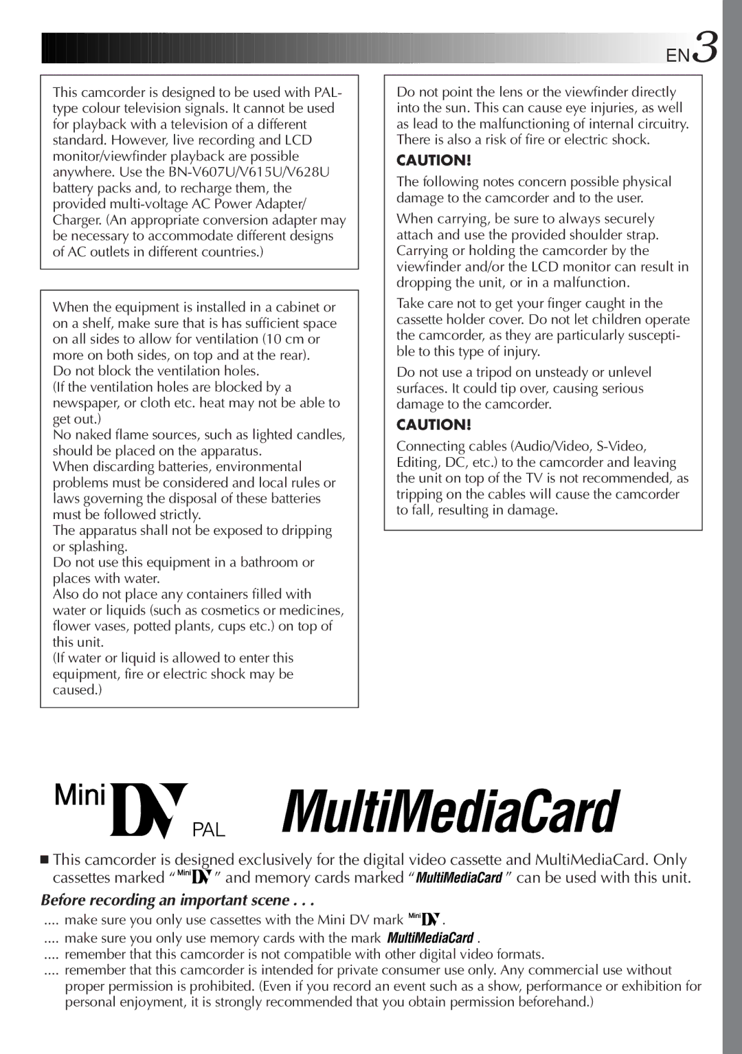 JVC GR-DVL9800 specifications EN3, Before recording an important scene 