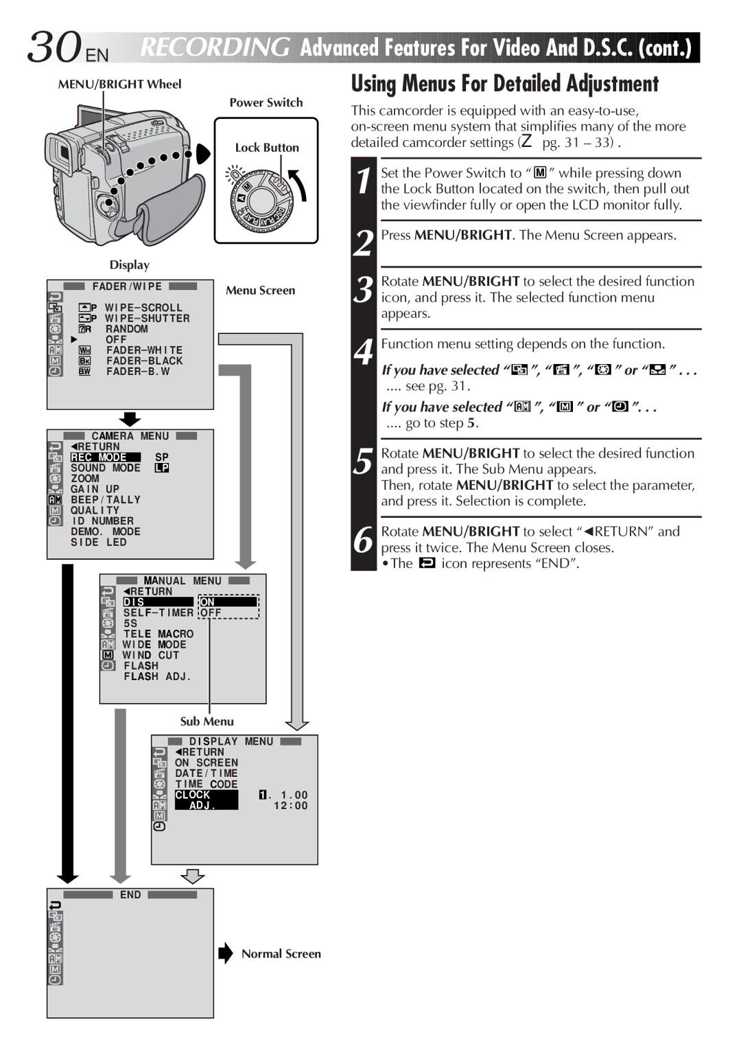 JVC GR-DVL9800 EN Recording Advanced Features For Video And D.S.C, Using Menus For Detailed Adjustment, See pg 