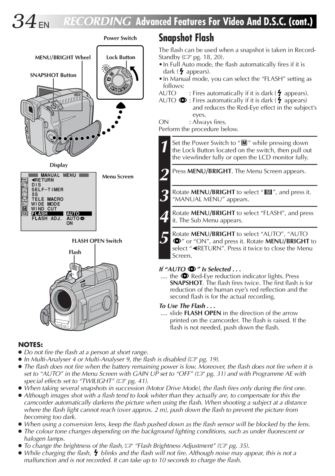 JVC GR-DVL9800 Snapshot Flash, Fires automatically if it is dark Appears, Eyes Always fires Perform the procedure below 