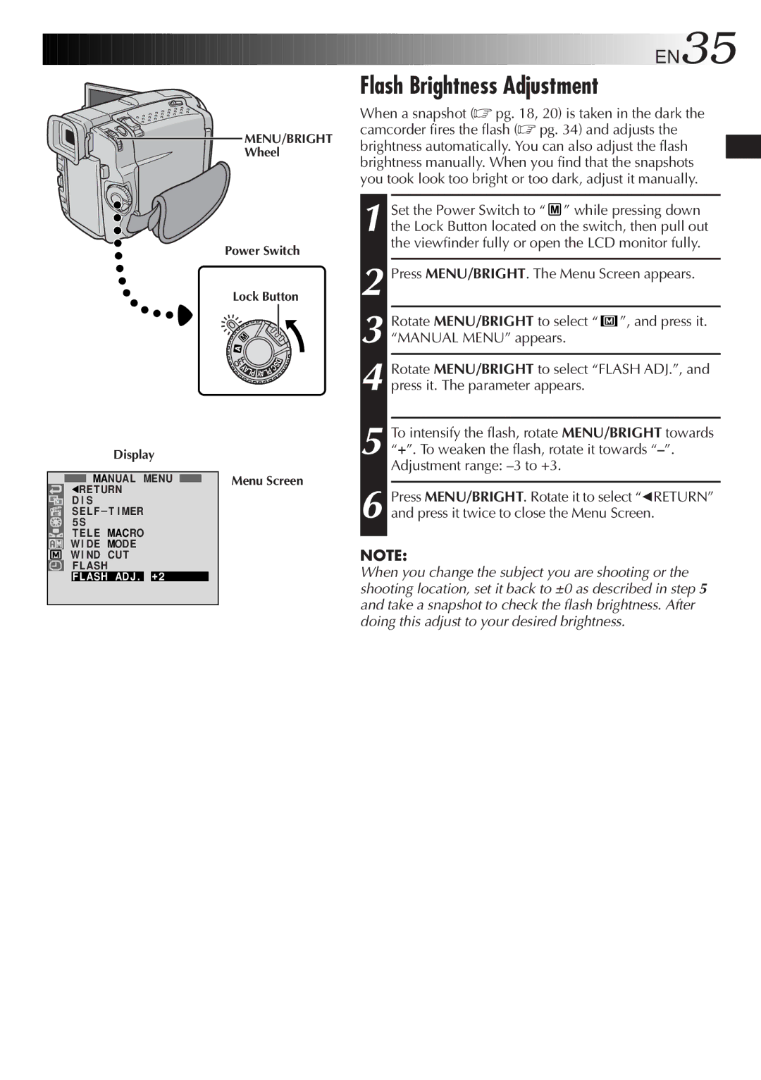 JVC GR-DVL9800 specifications Flash Brightness Adjustment, EN35, MENU/BRIGHT Wheel Power Switch Lock Button 