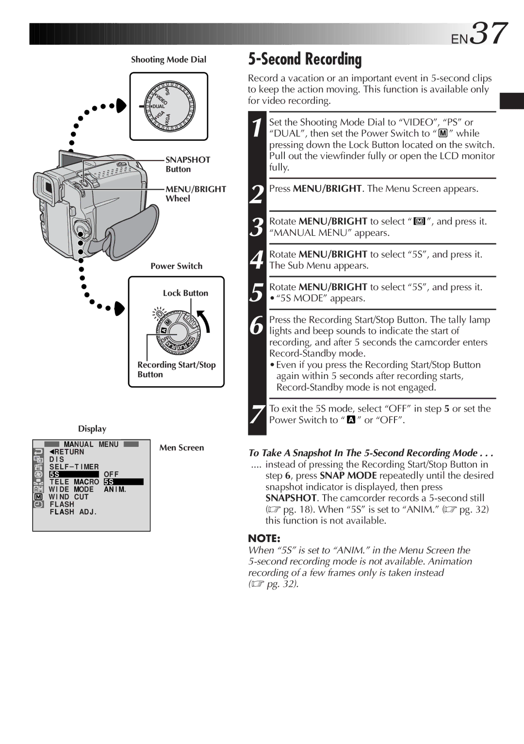 JVC GR-DVL9800 specifications Second Recording, EN37, Recording Start/Stop Button Display 