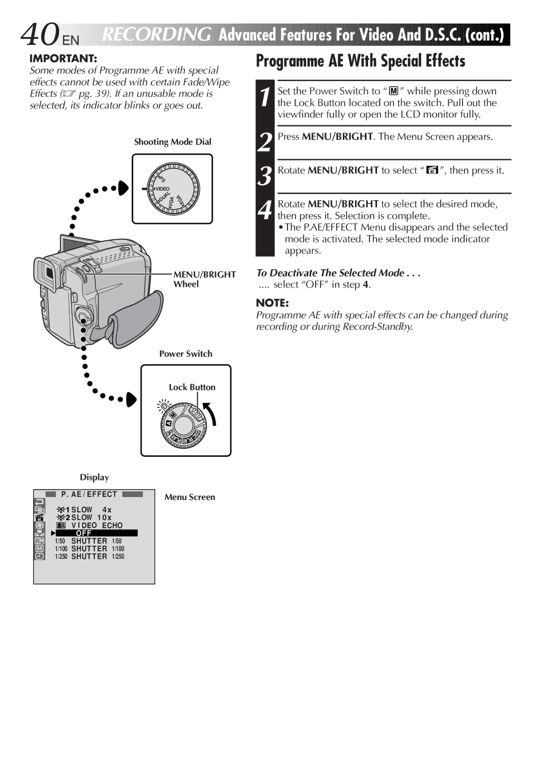 JVC GR-DVL9800 Programme AE With Special Effects, To Deactivate The Selected Mode, Power Switch Lock Button Display 