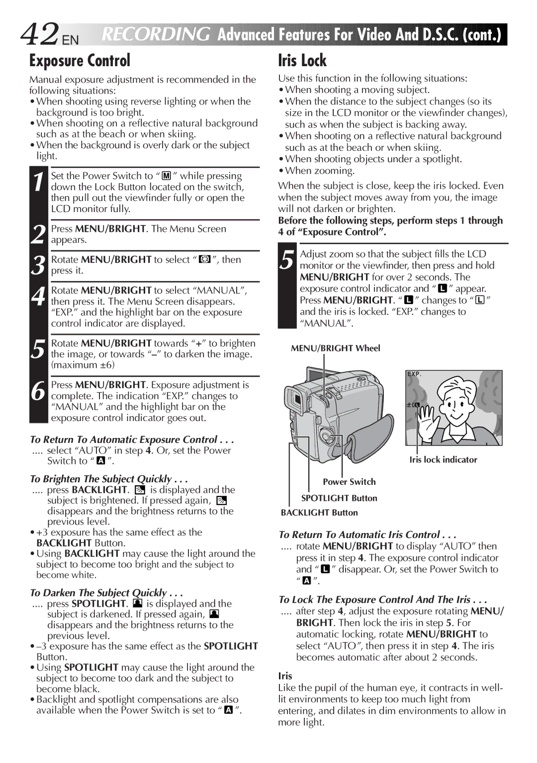 JVC GR-DVL9800 specifications Exposure Control, Iris Lock 