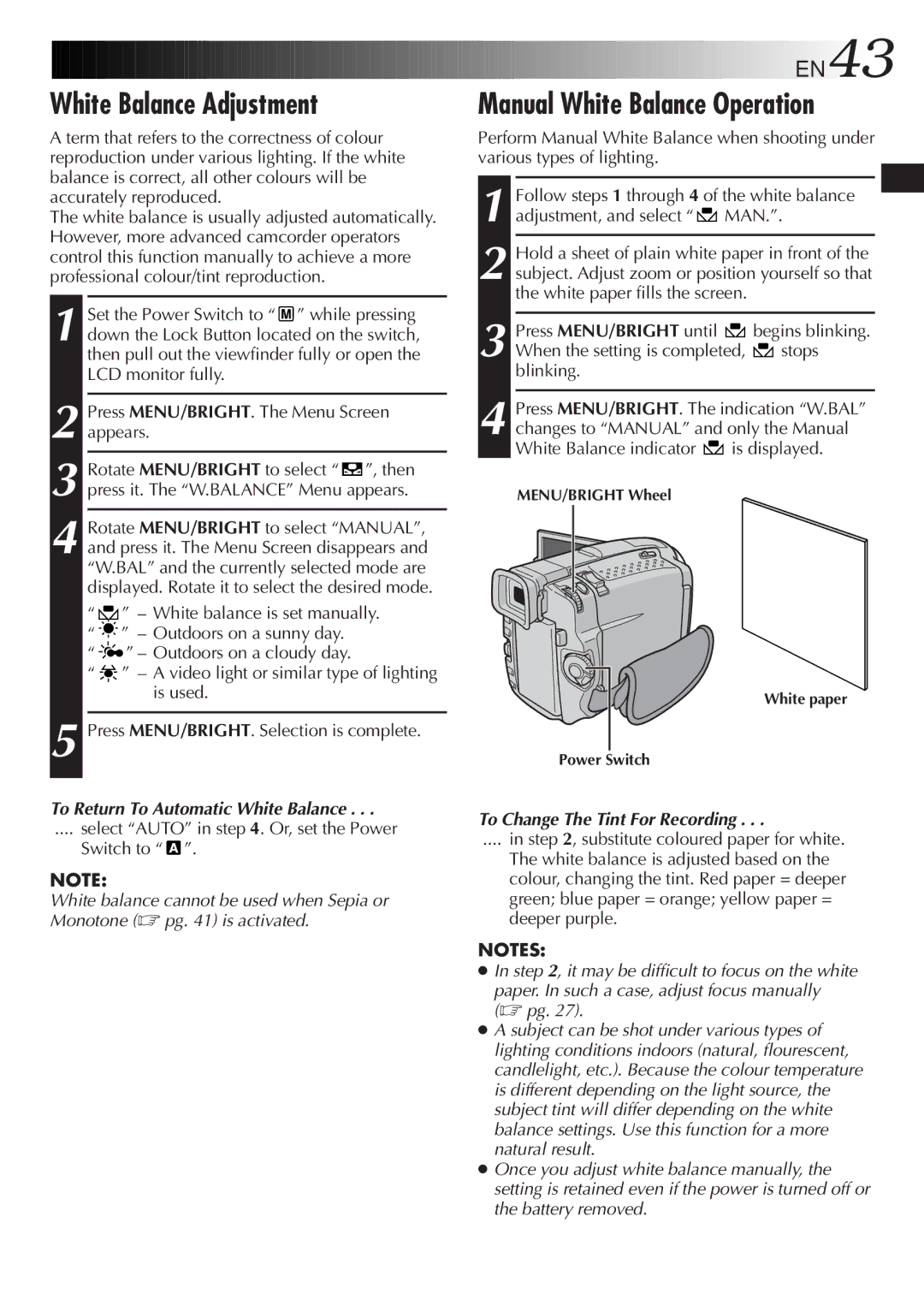 JVC GR-DVL9800 White Balance Adjustment, Manual White Balance Operation, EN43, To Return To Automatic White Balance 