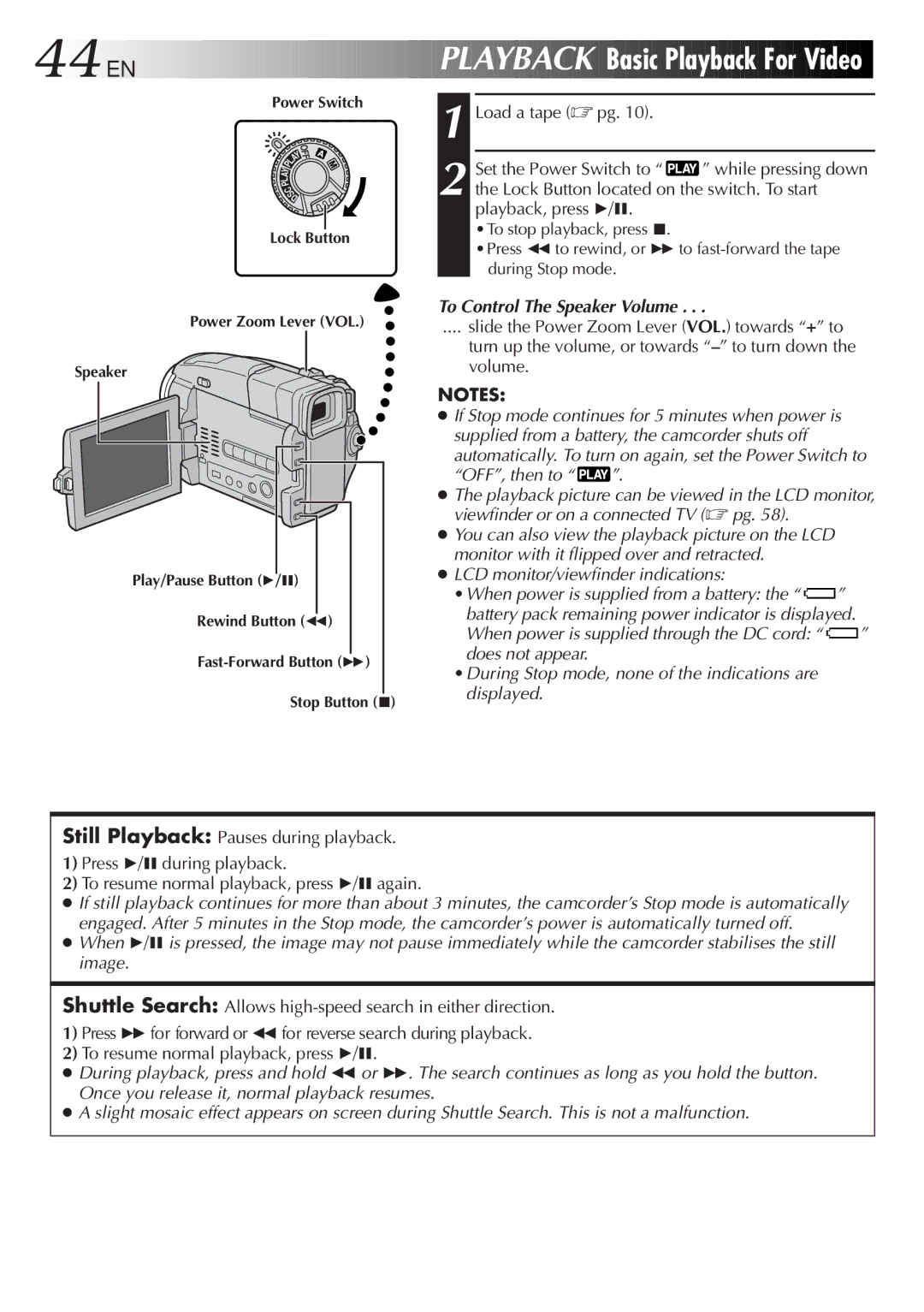 JVC GR-DVL9800 specifications 44 EN, Basic Playback For Video, To Control The Speaker Volume 