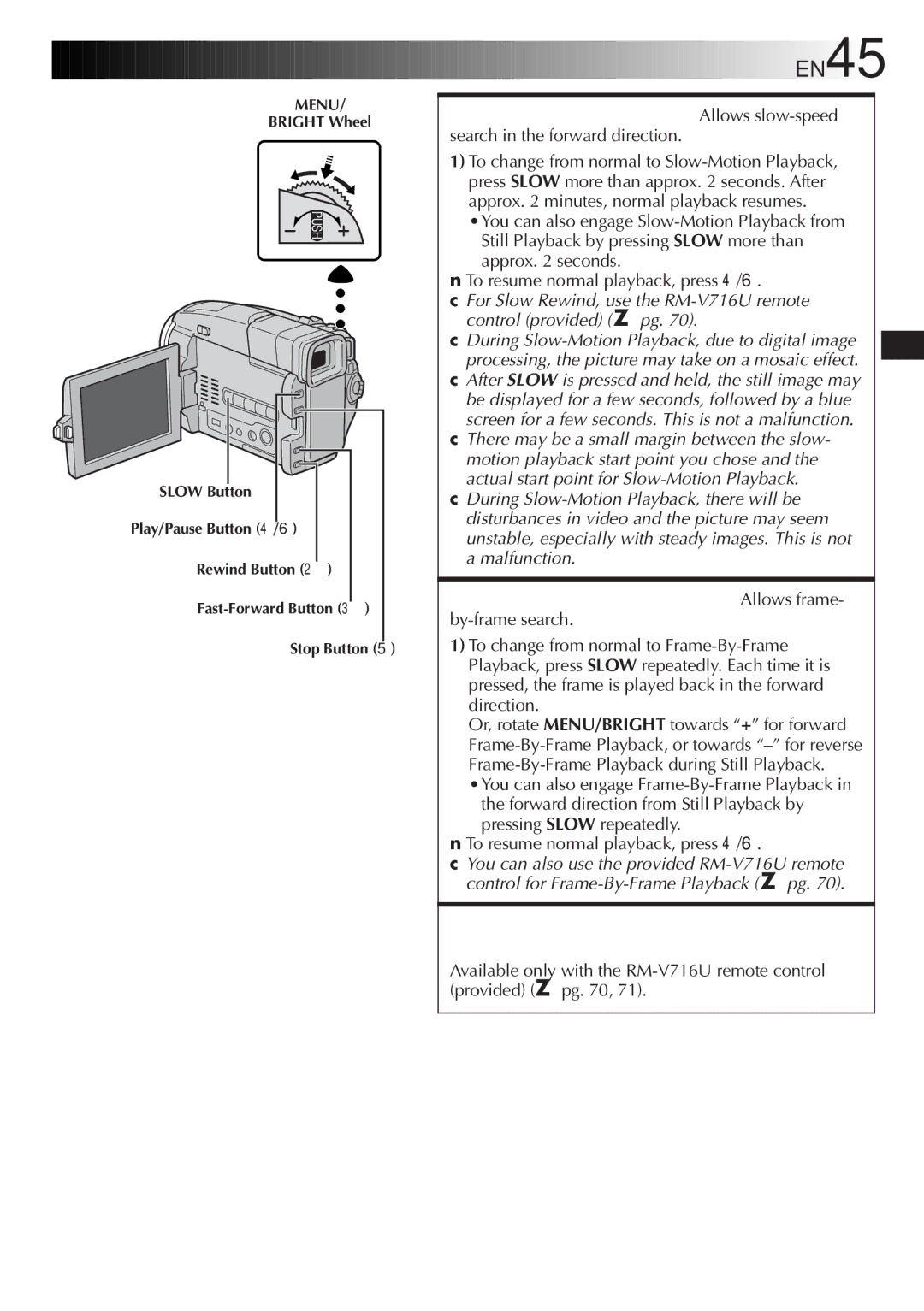 JVC GR-DVL9800 specifications EN45, Slow-Motion Playback Allows slow-speed, Frame-By-Frame Playback Allows frame 