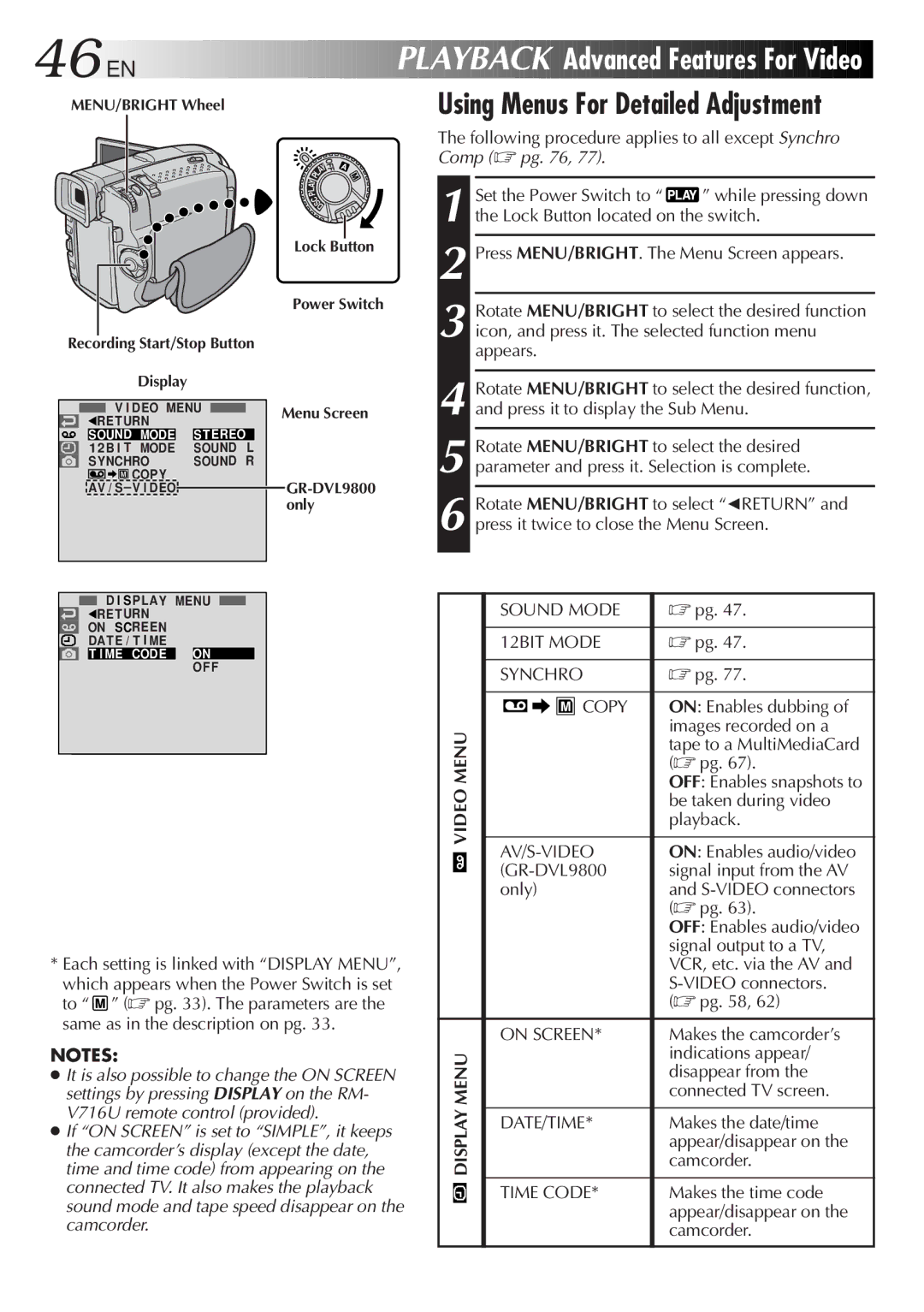 JVC GR-DVL9800 46 EN, Playback Advanced Features For Video, Using Menus For Detailed Adjustment, Video Menu Display Menu 