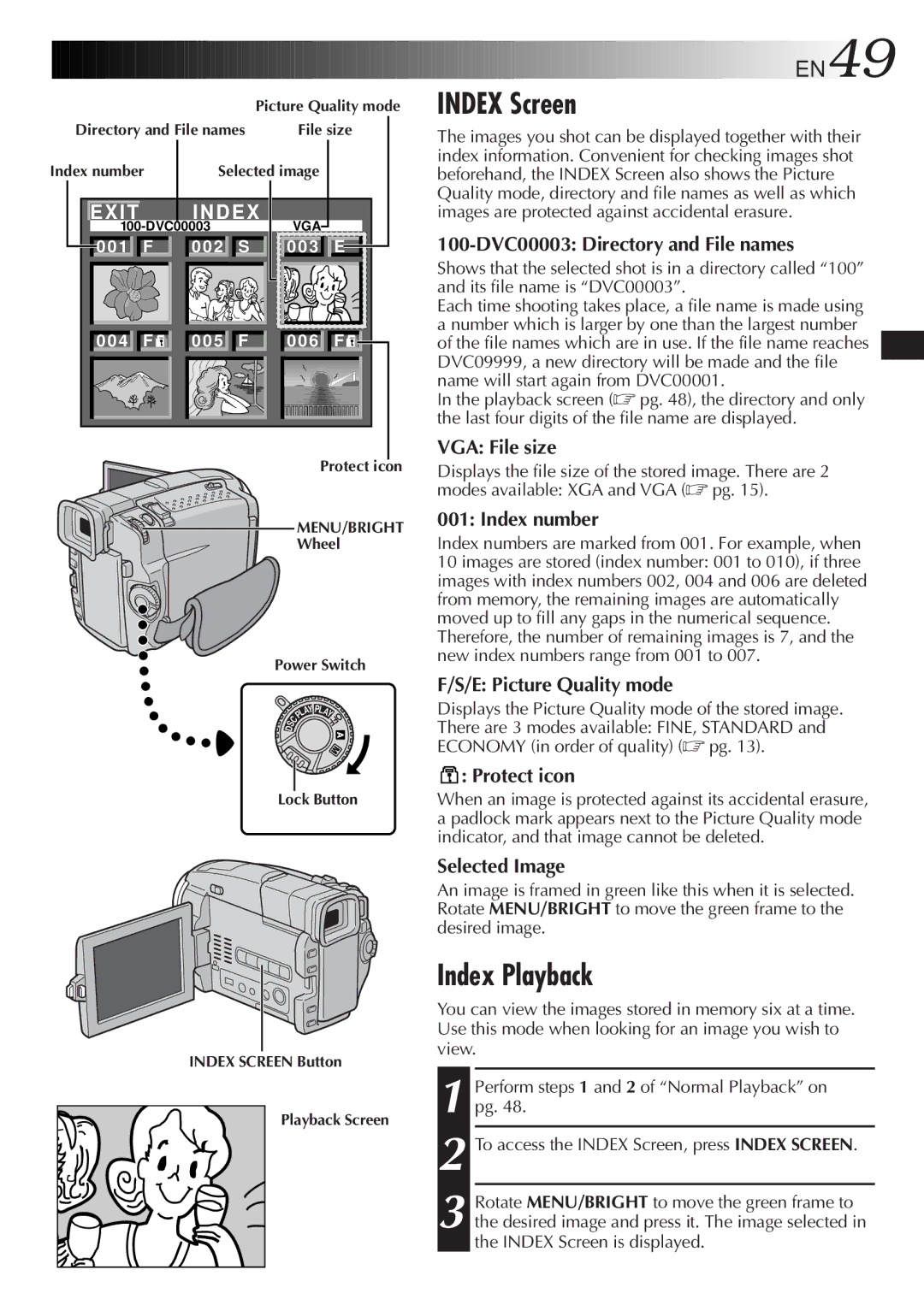 JVC GR-DVL9800 specifications Index Screen, Index Playback, EN49 