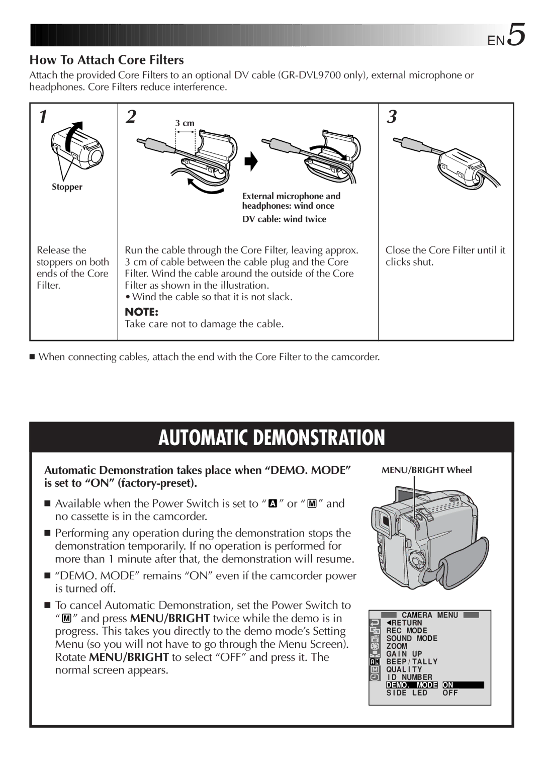 JVC GR-DVL9800 specifications EN5, How To Attach Core Filters, Release the stoppers on both ends of the Core Filter 