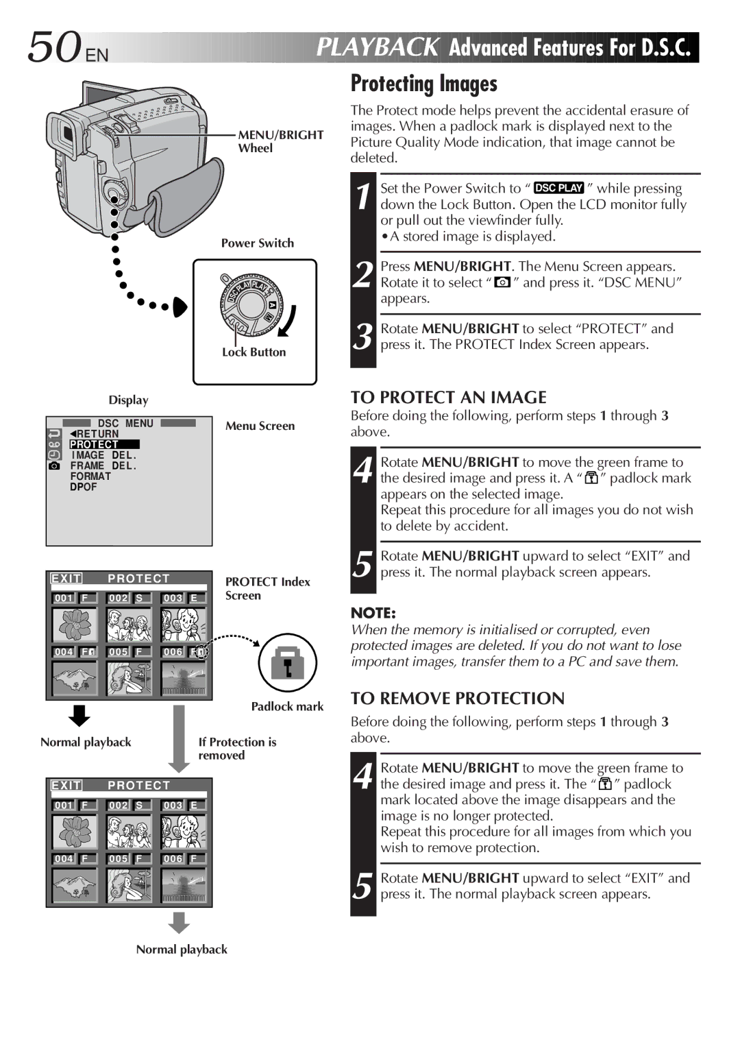 JVC GR-DVL9800 EN Playback, Advanced Features For D.S.C, Protecting Images, To Protect AN Image, To Remove Protection 