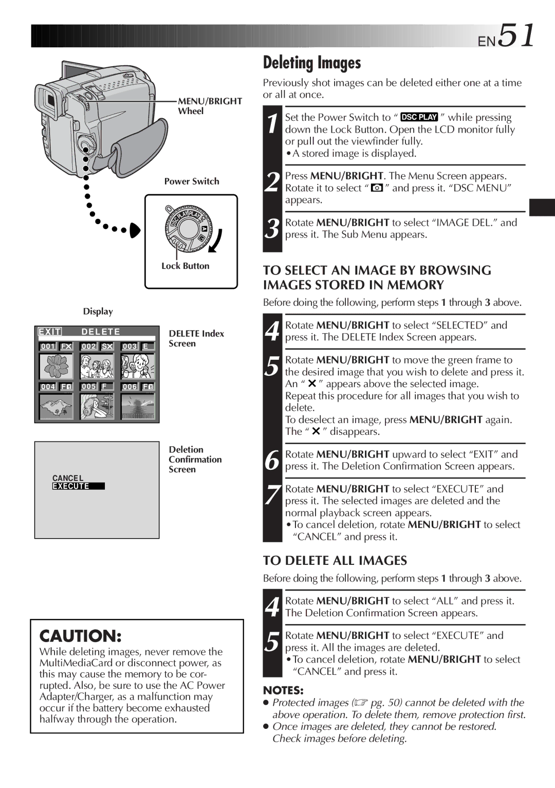 JVC GR-DVL9800 specifications Deleting Images, EN51, To Delete ALL Images 