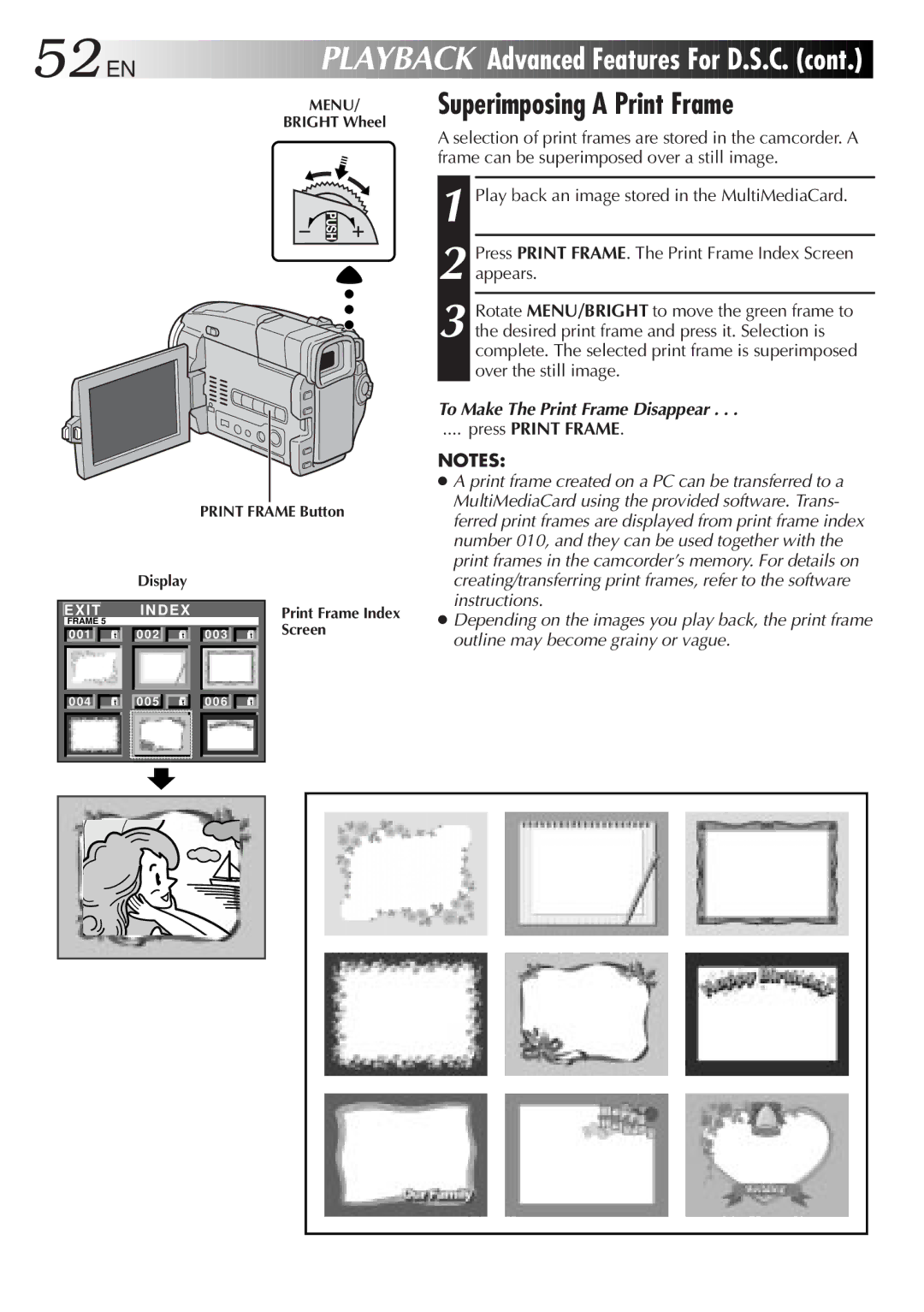 JVC GR-DVL9800 specifications Advanced Features For D.S.C, Superimposing a Print Frame, To Make The Print Frame Disappear 