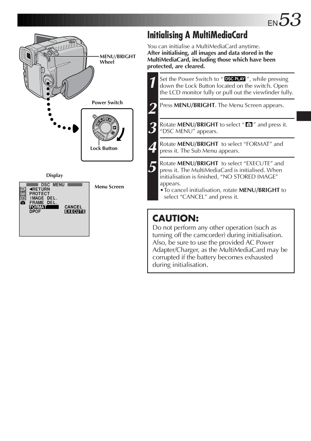 JVC GR-DVL9800 specifications Initialising a MultiMediaCard, EN53, You can initialise a MultiMediaCard anytime 