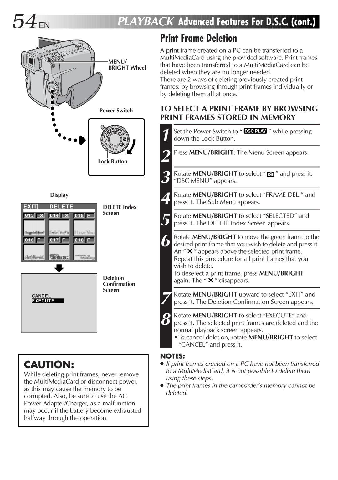 JVC GR-DVL9800 specifications Print Frame Deletion, Bright Wheel Power Switch, Delete Index Screen Deletion Confirmation 