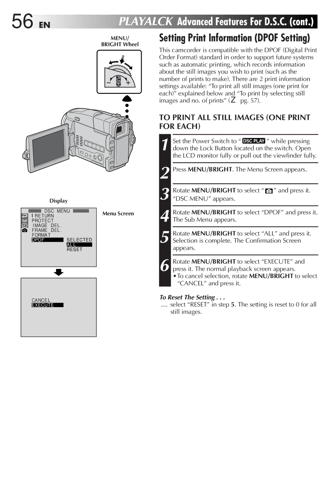 JVC GR-DVL9800 56 EN, Playalck, To Print ALL Still Images ONE Print for Each, To Reset The Setting, Still images 