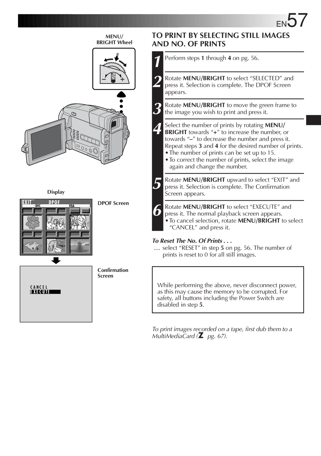 JVC GR-DVL9800 specifications EN57, To Print by Selecting Still Images and NO. of Prints, To Reset The No. Of Prints 