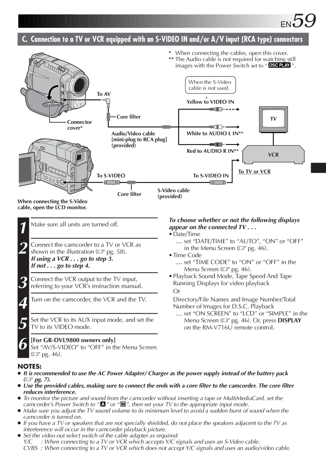 JVC EN59, For GR-DVL9800 owners only, Set AV/S-VIDEO to OFF in the Menu Screen pg, Set on Screen to LCD or Simple 