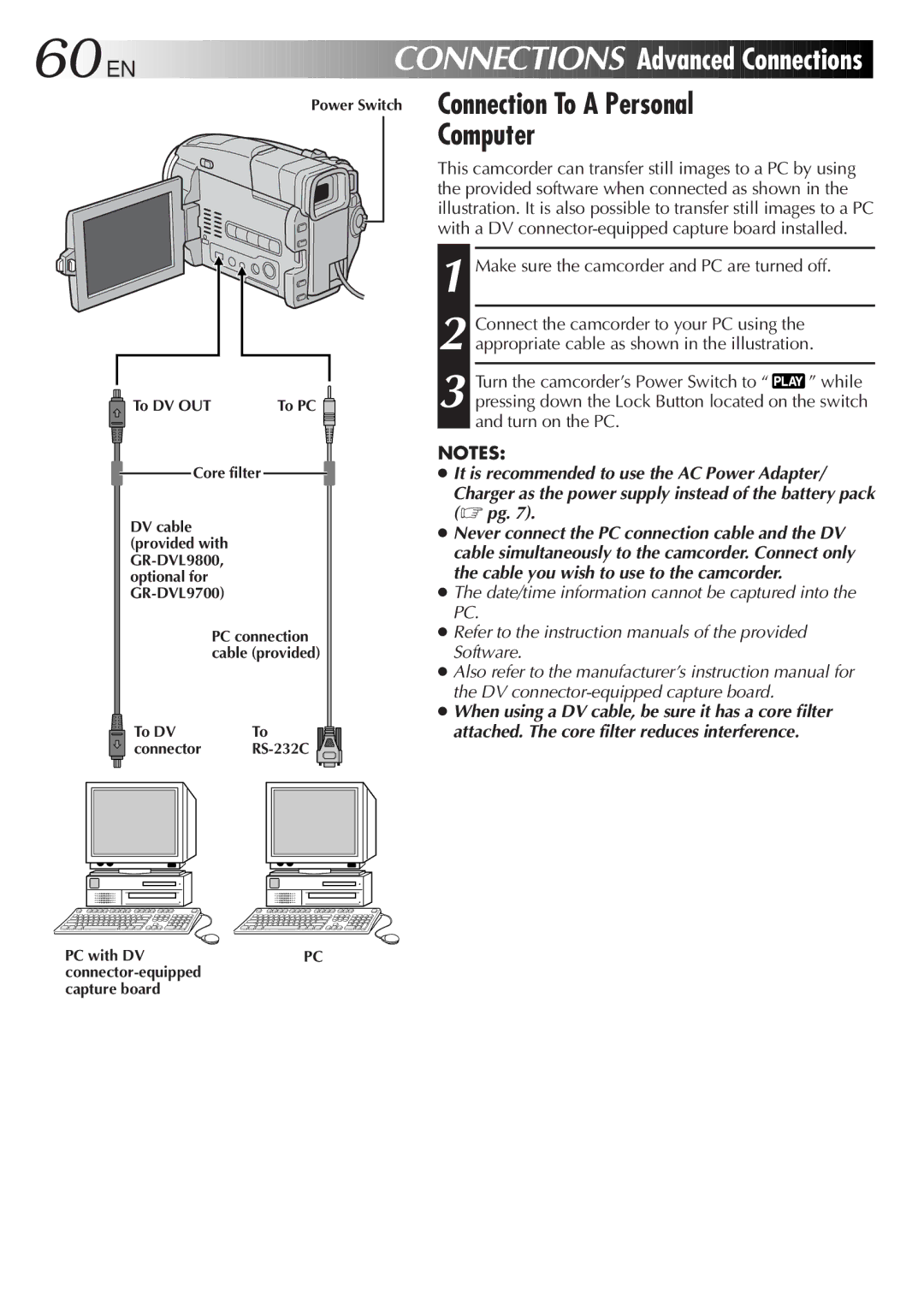 JVC GR-DVL9800 specifications 60 EN, Advanced Connections, Connection To a Personal Computer 