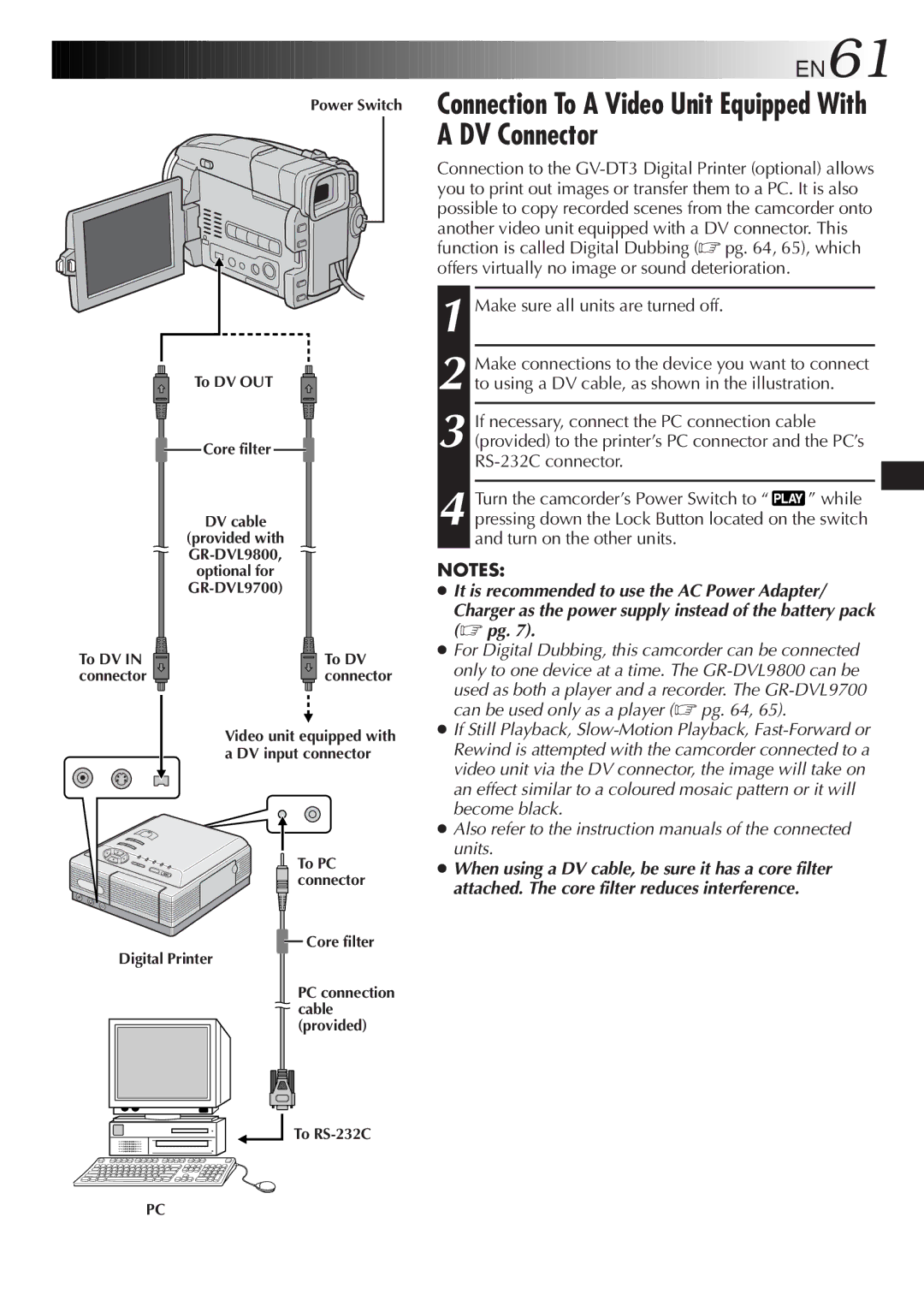 JVC GR-DVL9800 Connection To a Video Unit Equipped With a DV Connector, EN61, Make sure all units are turned off 