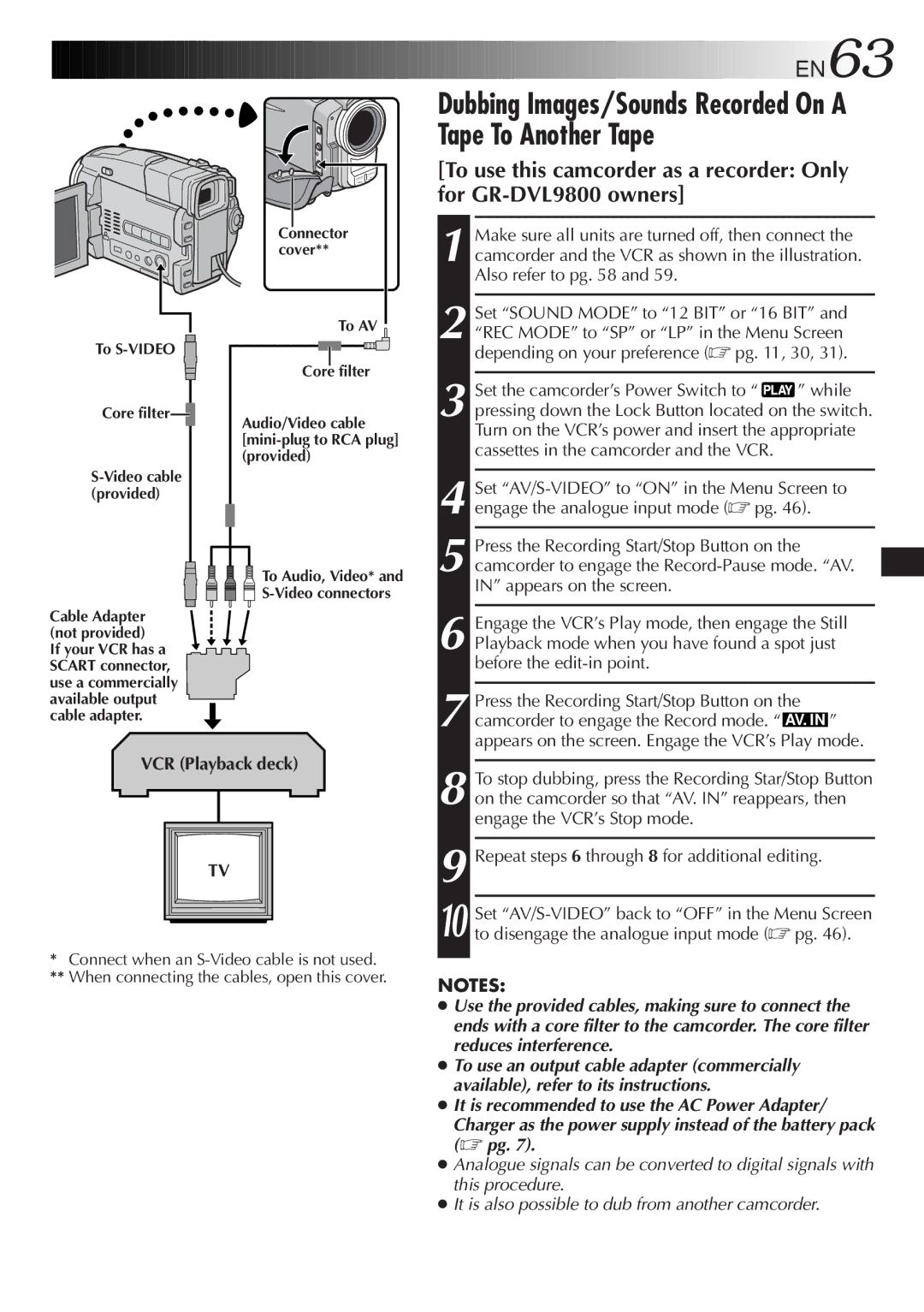 JVC GR-DVL9800 specifications EN63, VCR Playback deck, To S-VIDEO Core filter, Cable Adapter not provided 