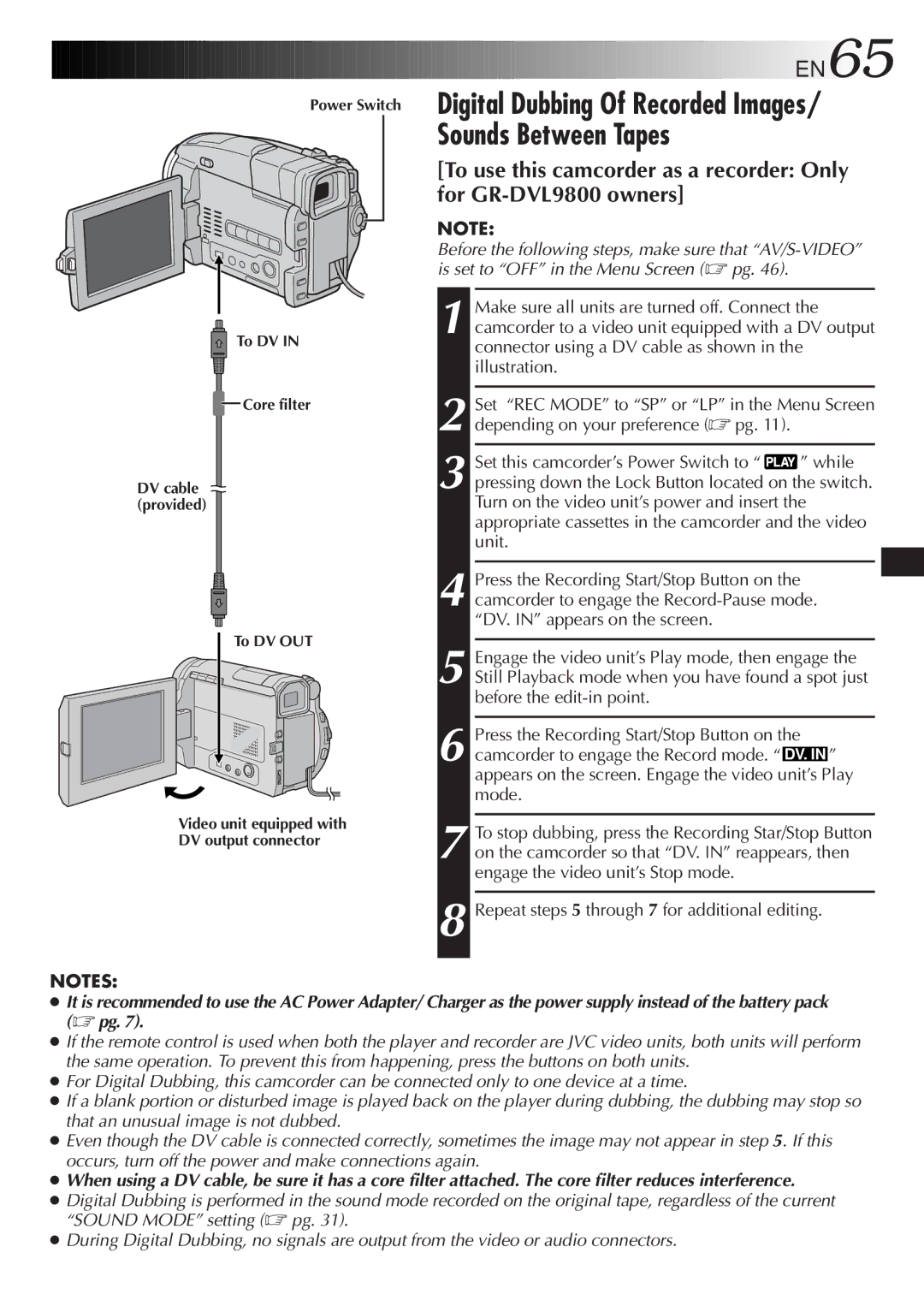 JVC GR-DVL9800 specifications EN65, Repeat steps 5 through 7 for additional editing 