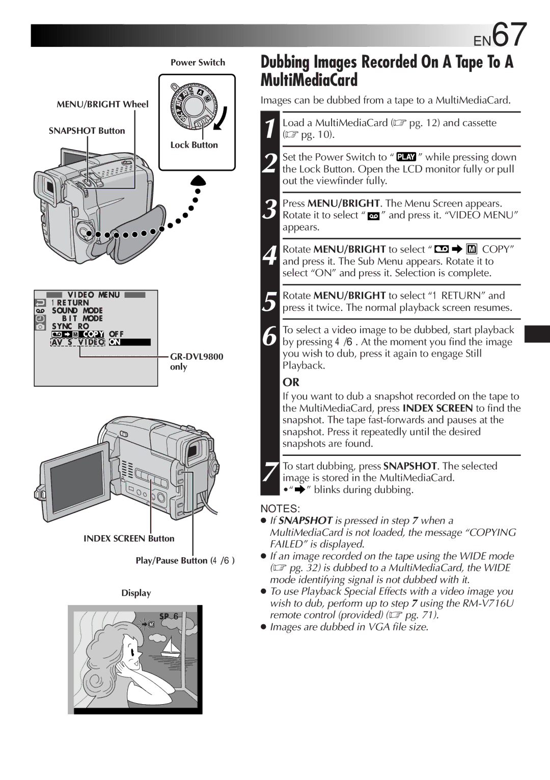 JVC GR-DVL9800 specifications Dubbing Images Recorded On a Tape To a MultiMediaCard, EN67 