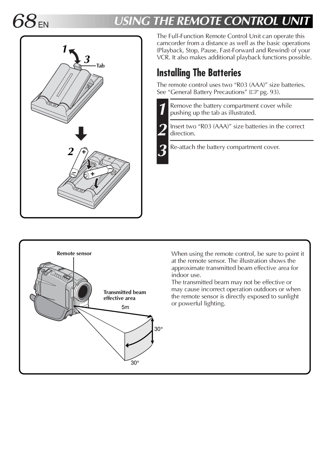 JVC GR-DVL9800 specifications 68 EN, Installing The Batteries, Tab, Remote sensor 