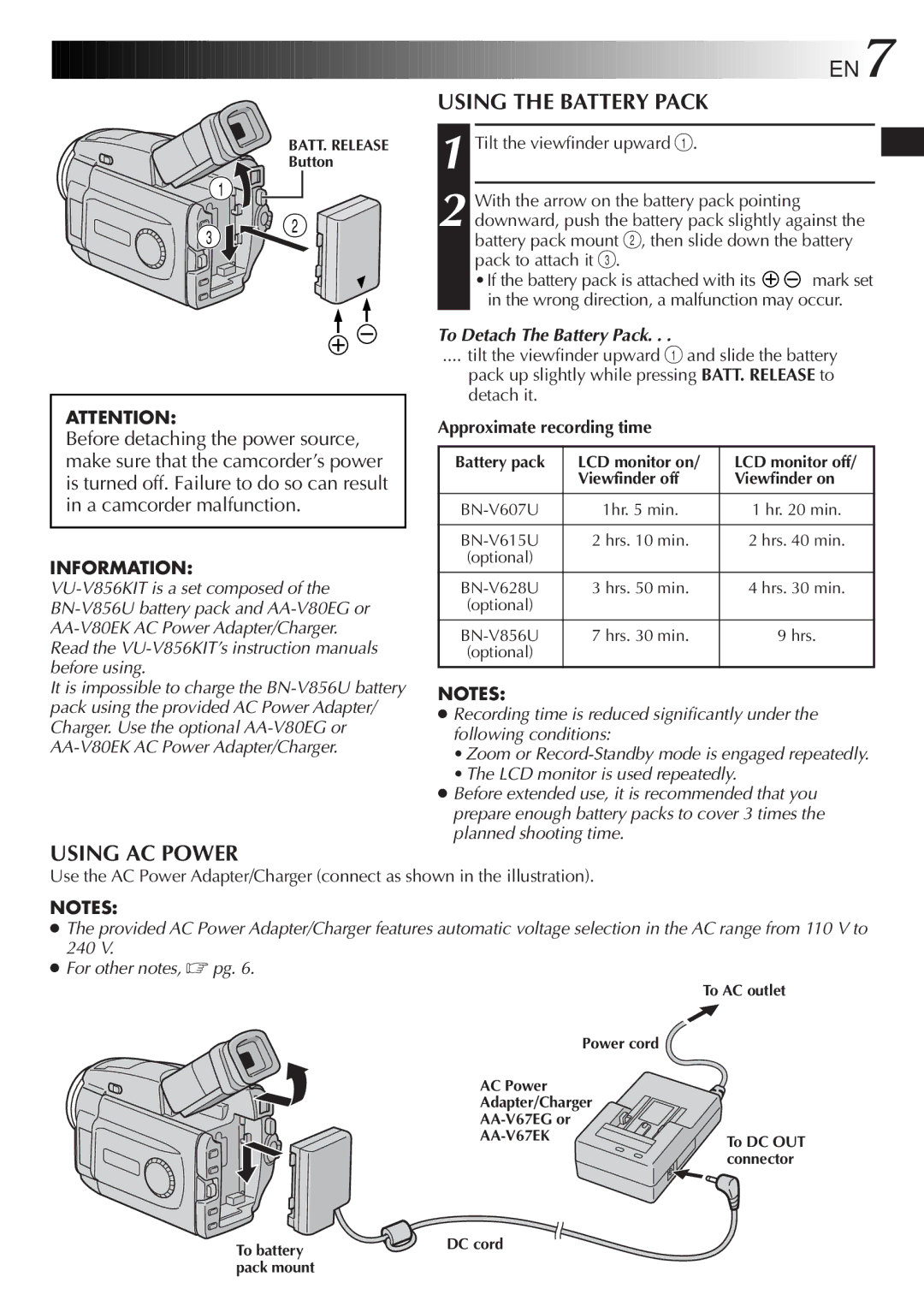 JVC GR-DVL9800 specifications EN7, Using AC Power, Information, To Detach The Battery Pack, Approximate recording time 