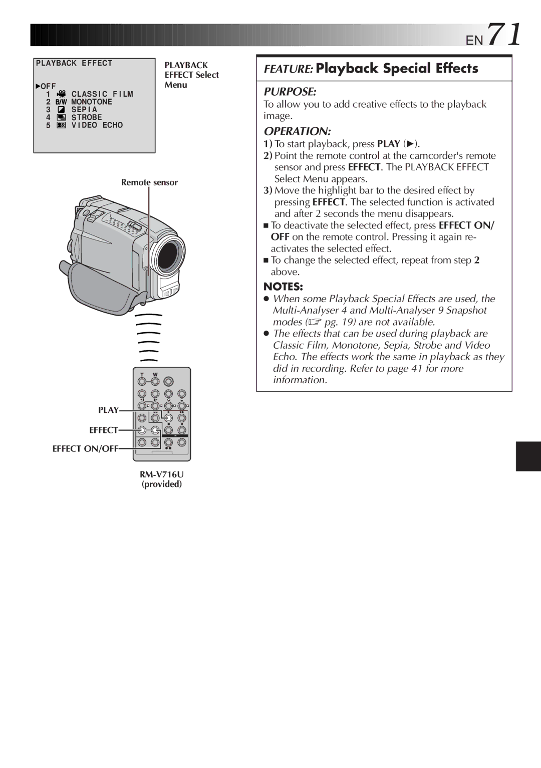 JVC GR-DVL9800 EN71, Feature Playback Special Effects, To allow you to add creative effects to the playback image, Menu 