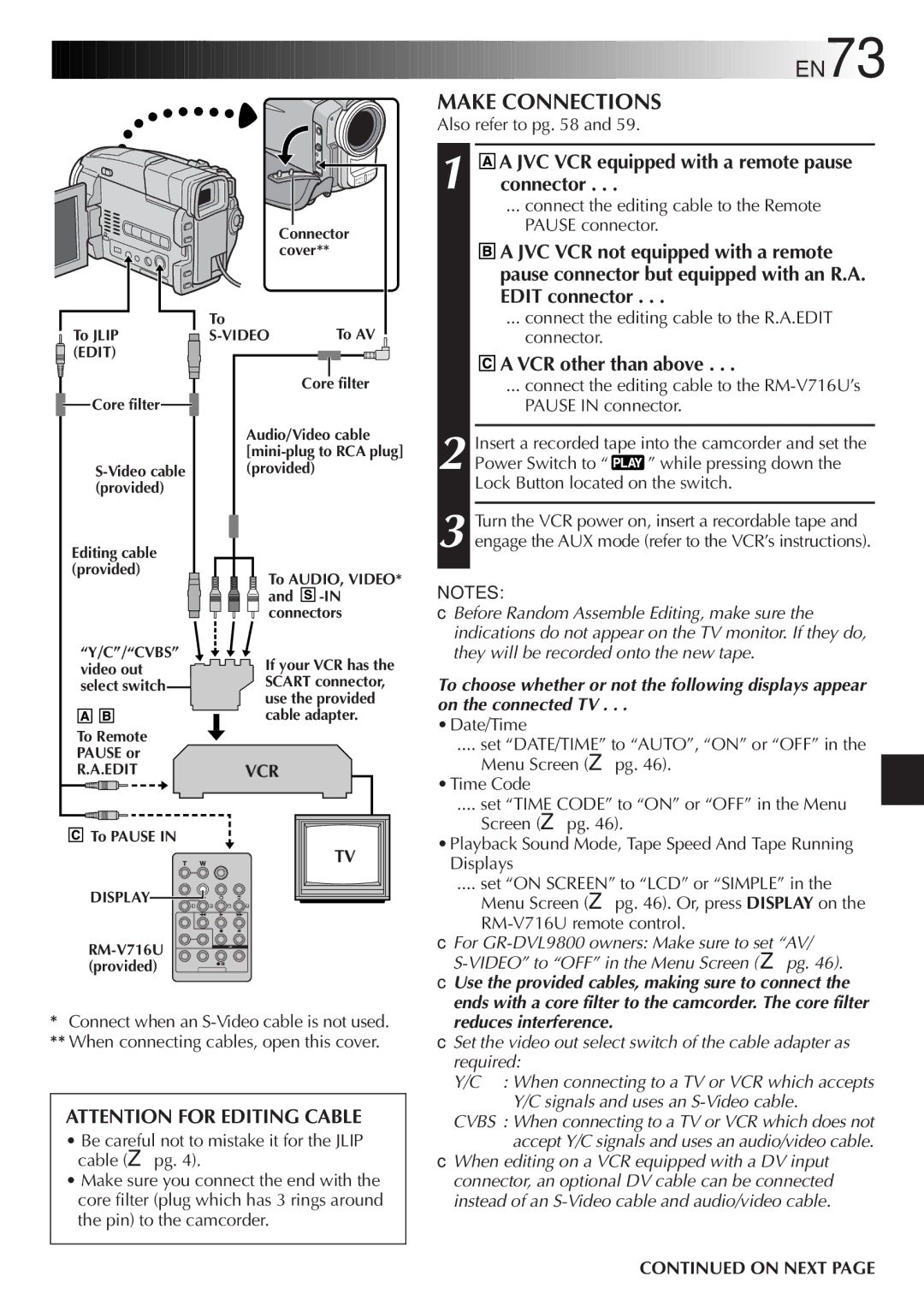 JVC GR-DVL9800 specifications EN73, Make Connections, JVC VCR equipped with a remote pause connector, VCR other than above 