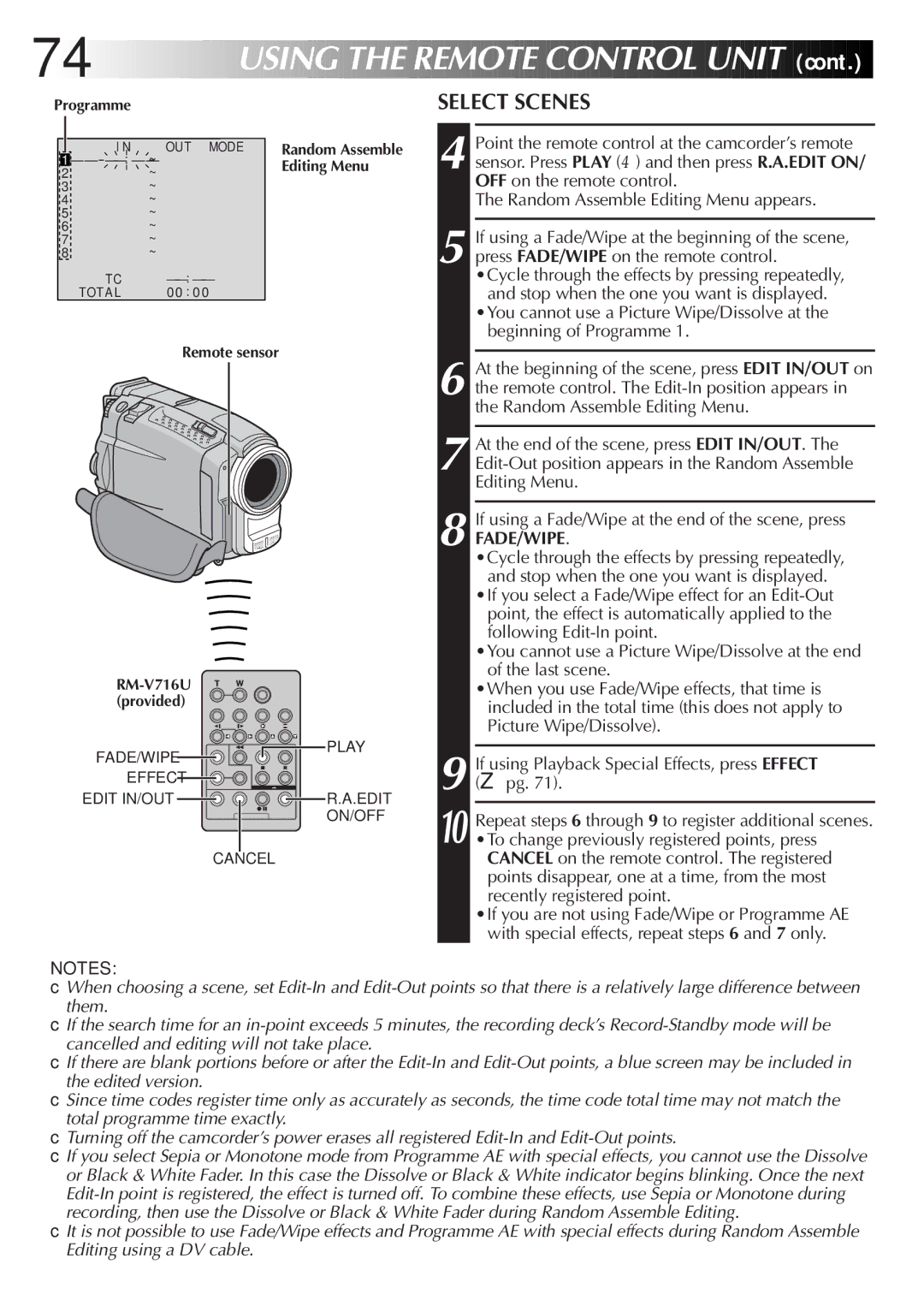 JVC GR-DVL9800 specifications 74 EN, Programme, Editing Menu, Remote sensor RM-V716U provided 