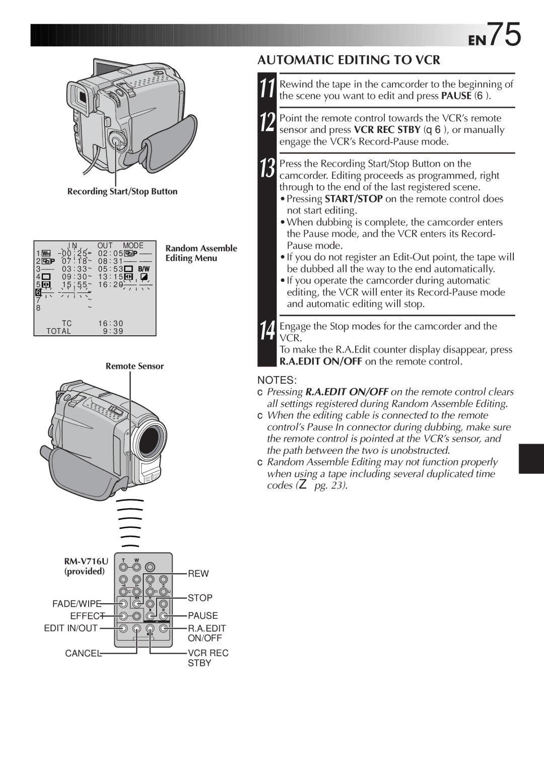 JVC GR-DVL9800 specifications EN75, Automatic Editing to VCR 