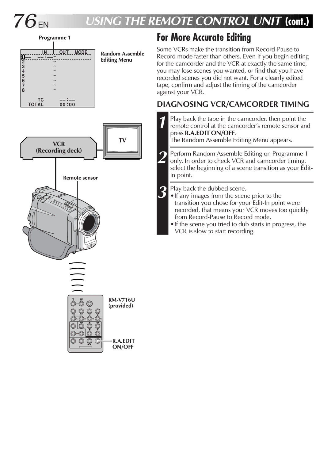 JVC GR-DVL9800 76 EN, For More Accurate Editing, Diagnosing VCR/CAMCORDER Timing, Recording deck, RM-V716U provided Edit 