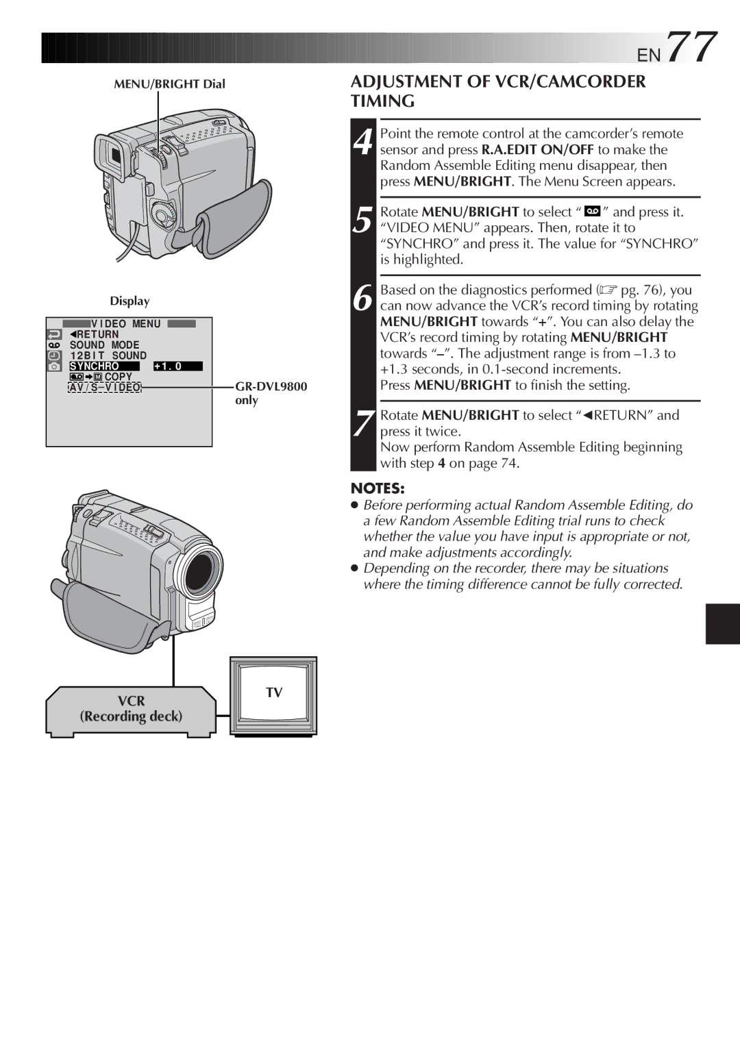 JVC GR-DVL9800 specifications EN77, Adjustment of VCR/CAMCORDER Timing, MENU/BRIGHT Dial, Only 