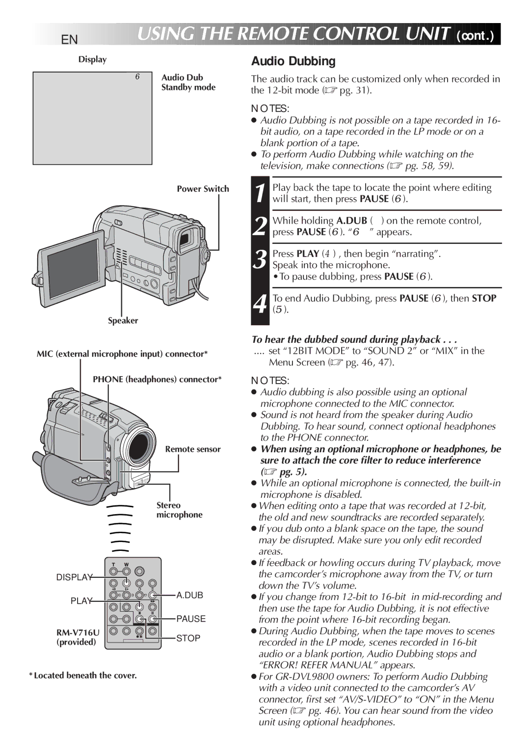 JVC GR-DVL9800 specifications 78 EN, Audio Dubbing, To hear the dubbed sound during playback 